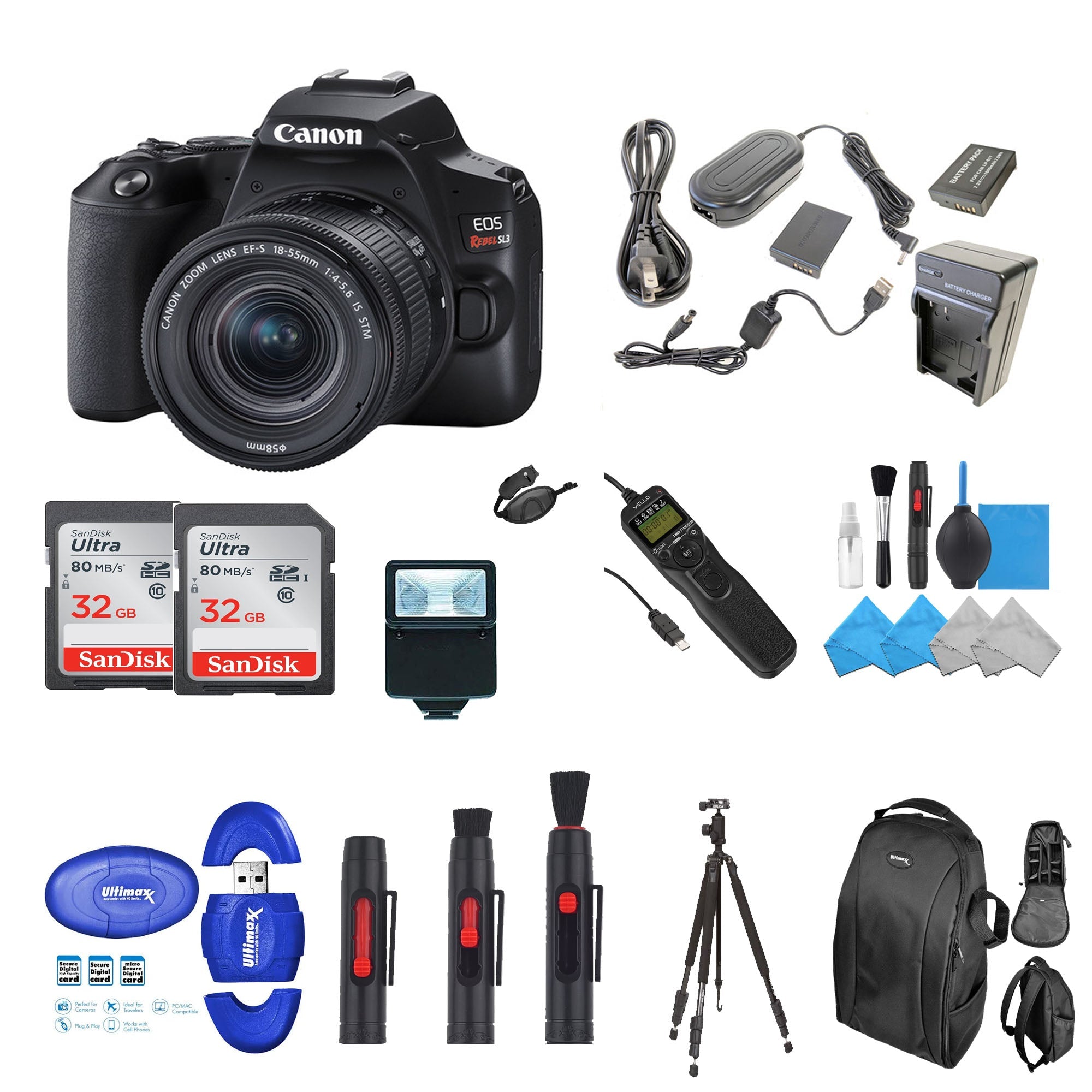 Canon EOS Rebel SL1/250D (SL3) DSLR Camera with 18-55mm Lens & Accessory Bundle - Includes 2x 32GB Class 10 SD Cards - Perfect for Travel Photography, Vlogging, and Beginners