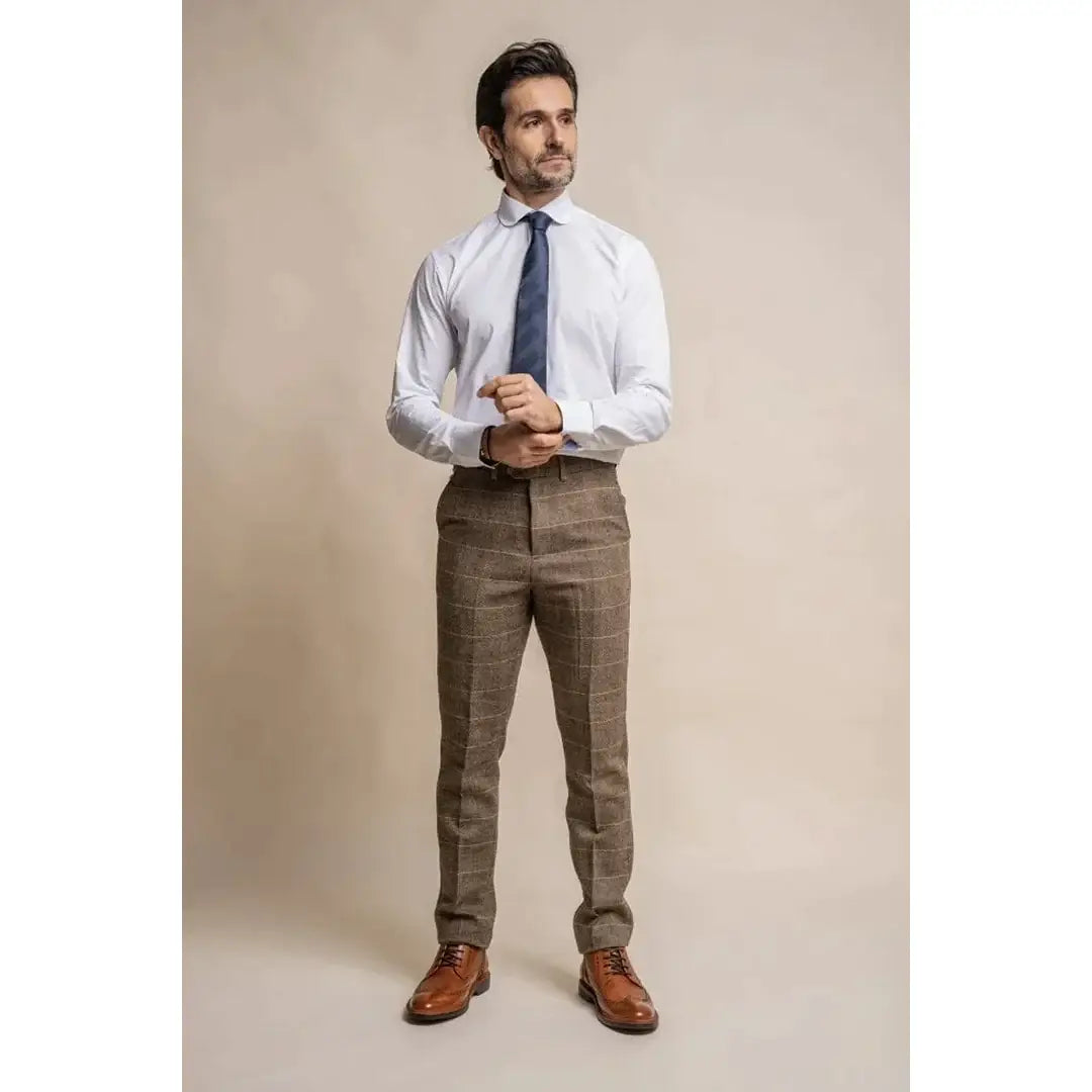 Cavani Albert Men's Brown Tweed Check Trousers - Classic Vintage Style Dress Pants for Office, Wedding & Formal Occasions