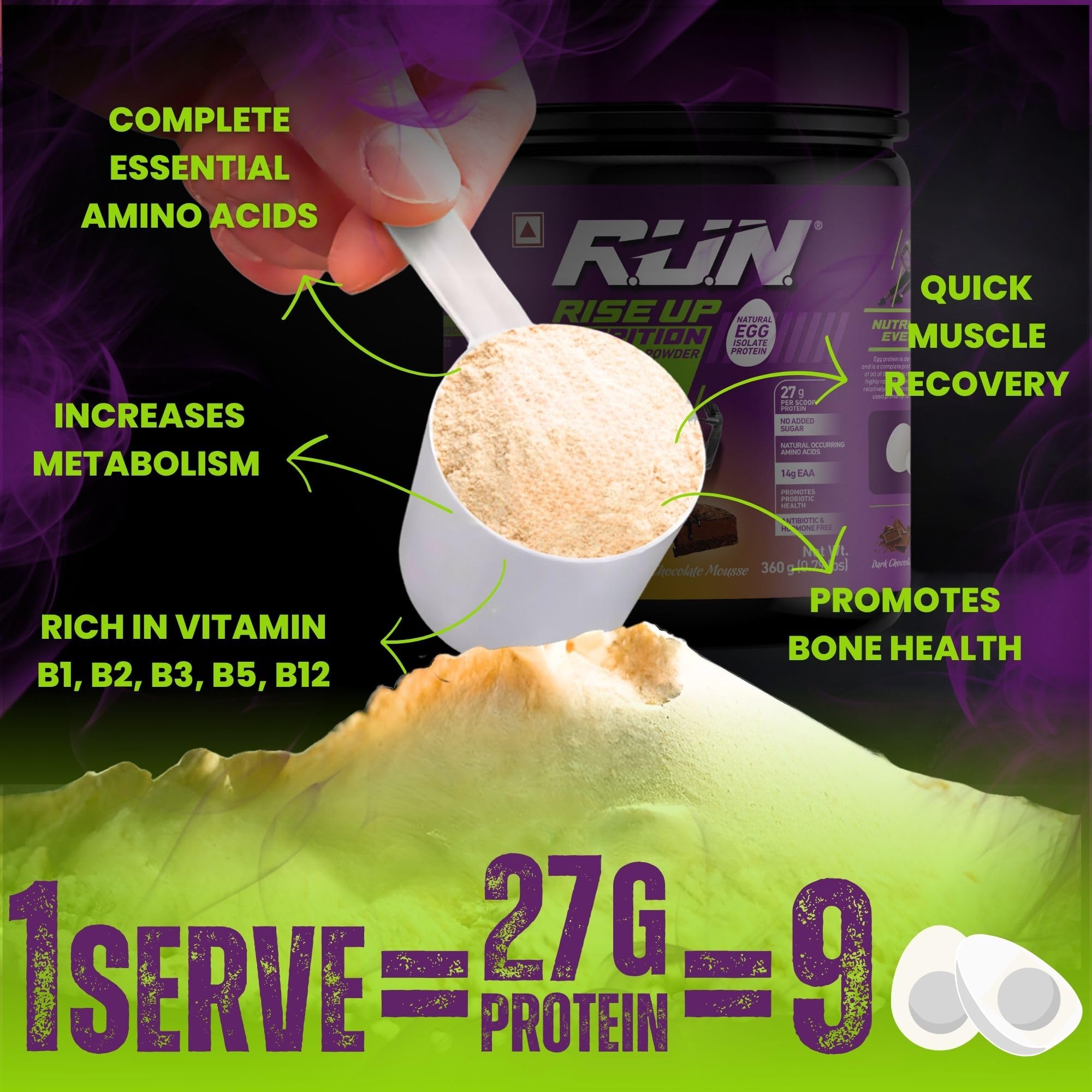 R.U.N-RISE UP NUTRITION Egg White Protein Powder - 27g Protein & 14g EAA per Serving | Lactose, Soy & Gluten Free | Chocolate Mousse Flavor - 1kg for Athletes, Gym & Fitness | Supports Immunity & Muscle Recovery - Perfect for Post-Workout Shakes, Smoothies & Baking