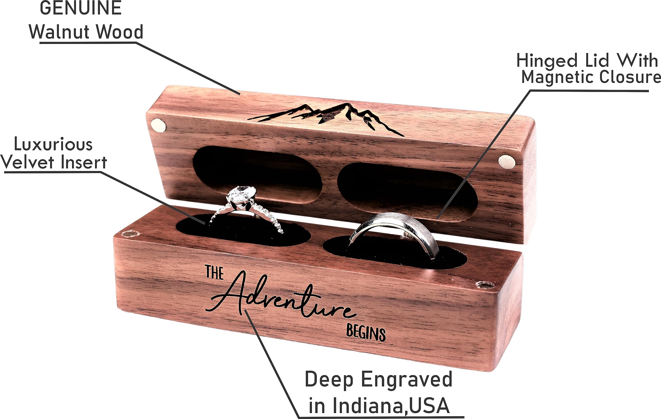 Elegant Slim Wooden Ring Box for Wedding & Engagement - Double Slot Rustic Ring Holder by Northstar Engraving | Perfect for Proposals, Vow Renewals & Jewelry Gift Presentation
