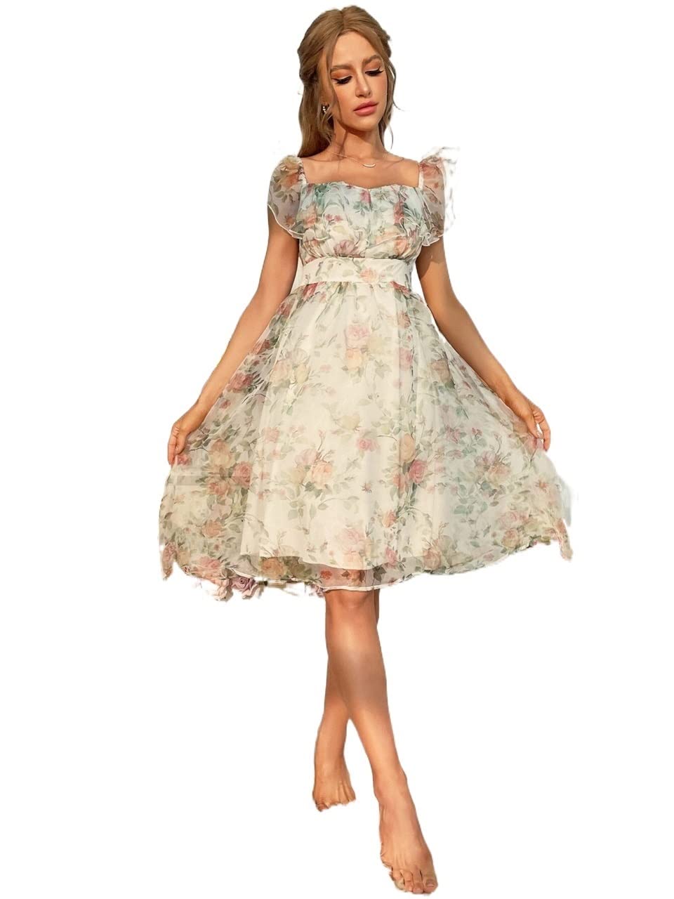 Elegant Women's Allover Floral Print Ruffle Trim Organza Dress - Perfect for Weddings, Parties & Special Occasions