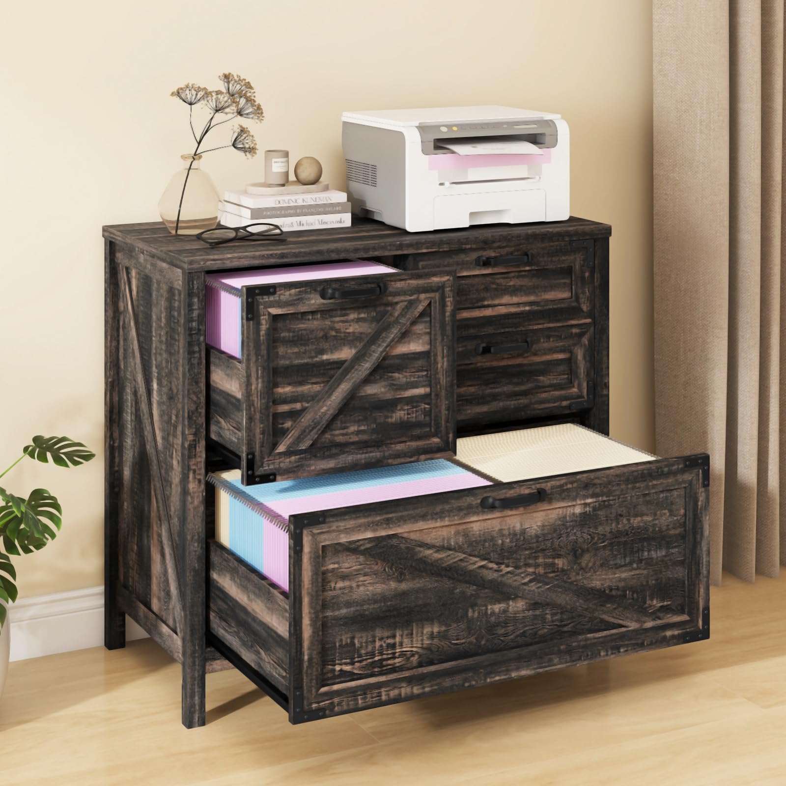 4-Drawer Lateral File Cabinet for Letter/Legal/A4 Files - Rustic Oak Wood Storage Cabinet with Hanging File System, Home Office Printer Stand & Farmhouse Style Organization Solution - Perfect for Document Storage, Workspace Organization & Home Office Decor