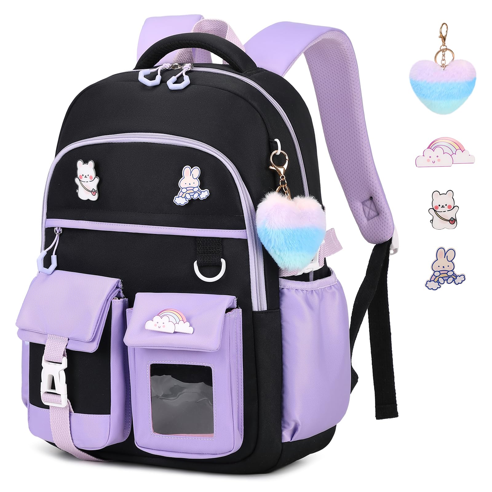 Cute Girls Backpack for School - Water Resistant Kids Bookbag with Multiple Pockets for Elementary Students Ages 6-14, Black & Purple - Perfect for Daily School Use, Travel & Outdoor Activities