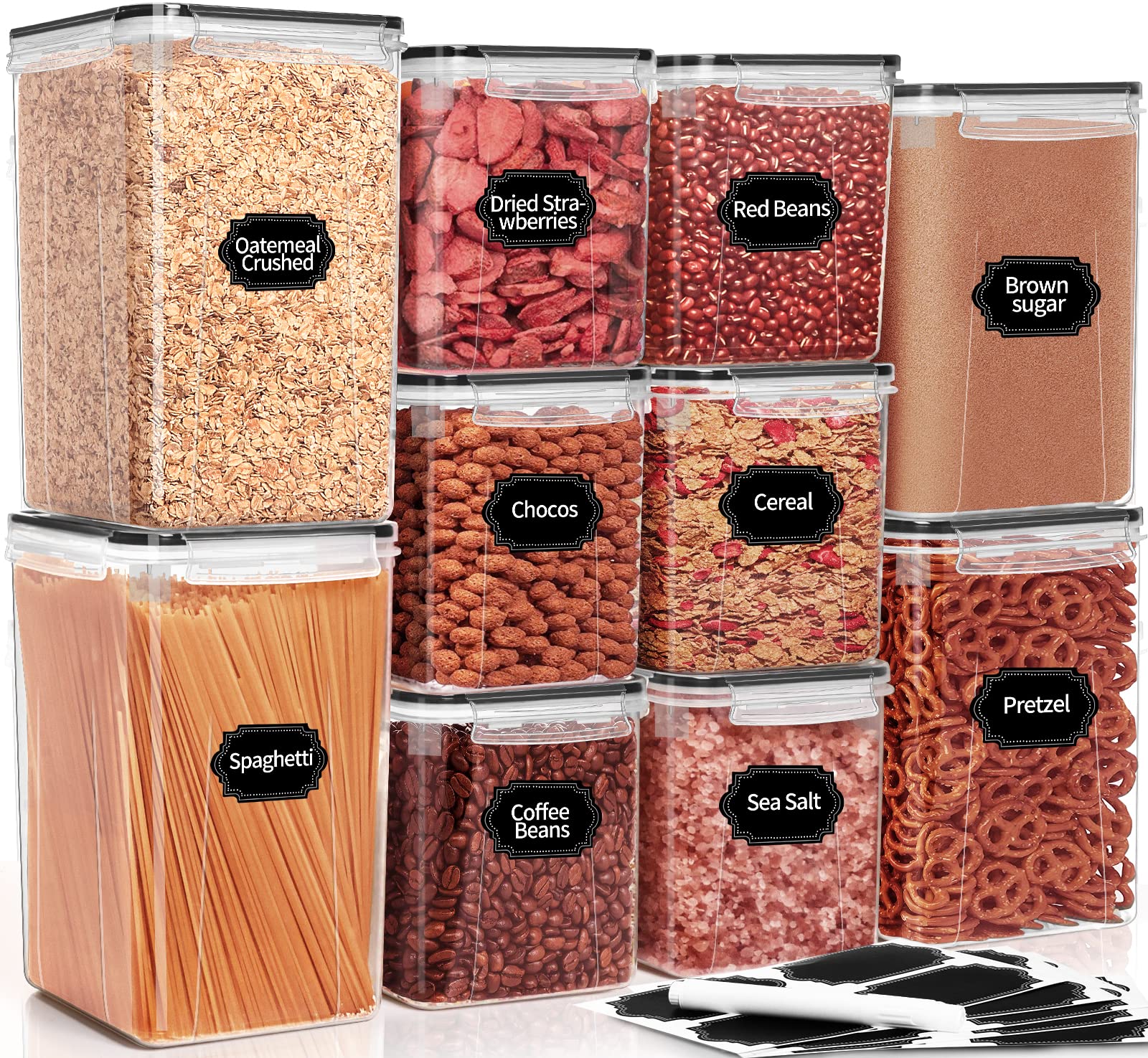 PRAKI 10-Piece Airtight Food Storage Containers Set with Lids - BPA-Free Plastic Cereal, Sugar, Flour & Baking Supplies Organizers for Kitchen & Pantry - Includes Labels & Marker - Perfect for Meal Prep, Snack Storage & Bulk Food Organization