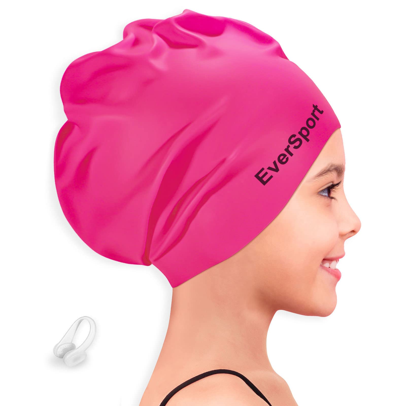 EverSport Kids & Youth Large Swim Cap for Girls Ages 6-14 - Silicone Swimming Cap for Long Hair & Braids - Keeps Hair Dry - Perfect for Swimming Lessons, Pool Parties & Beach Activities