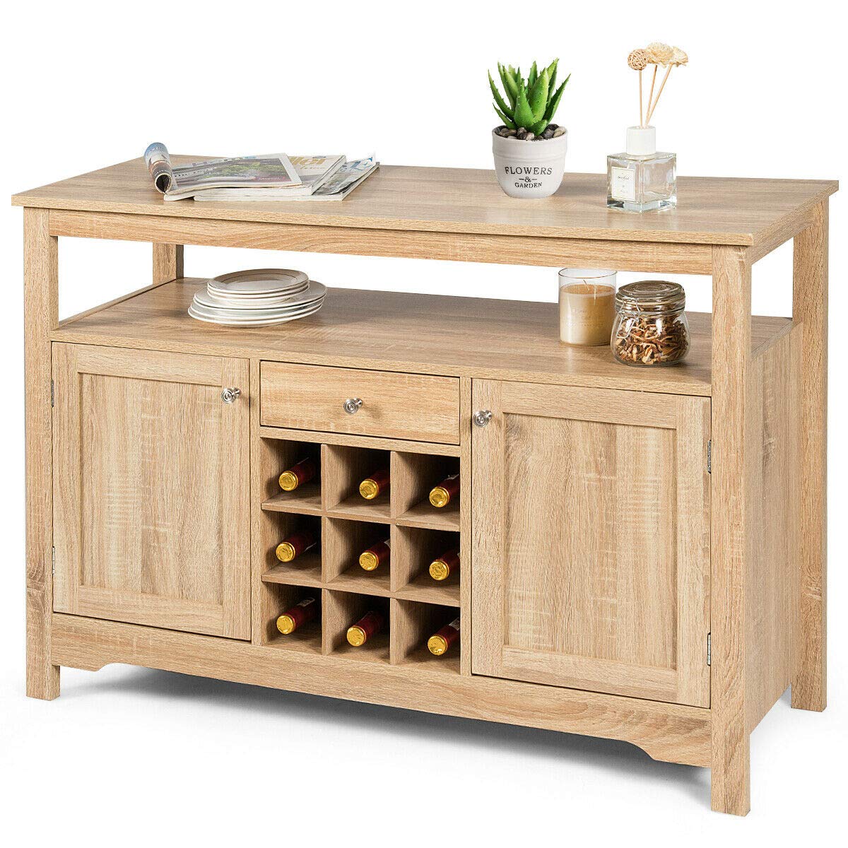 Buffet Server Sideboard Console Table - Kitchen Pantry Dining Storage Organizer with Open Shelves for 9 Wine Bottles, 2 Cabinets & 1 Drawer - Perfect for Dishware, Kitchen Utensils & Home Entertaining