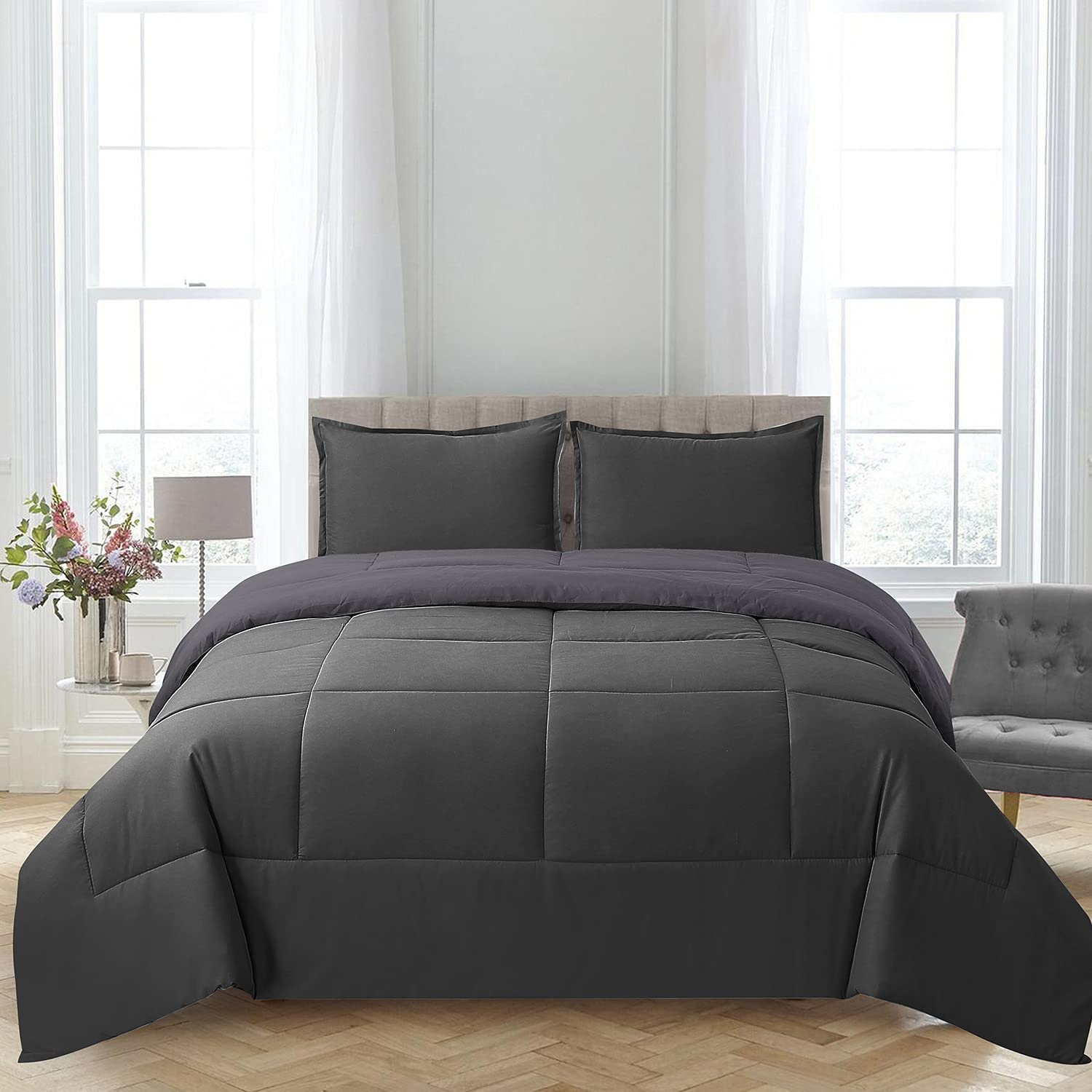 Shatex King Comforter Set - 3 Piece Reversible Ultra-Soft All Season Bedding in Solid Black with 2 Pillow Shams | Perfect for Master Bedrooms, Guest Rooms & Cozy Winter Nights