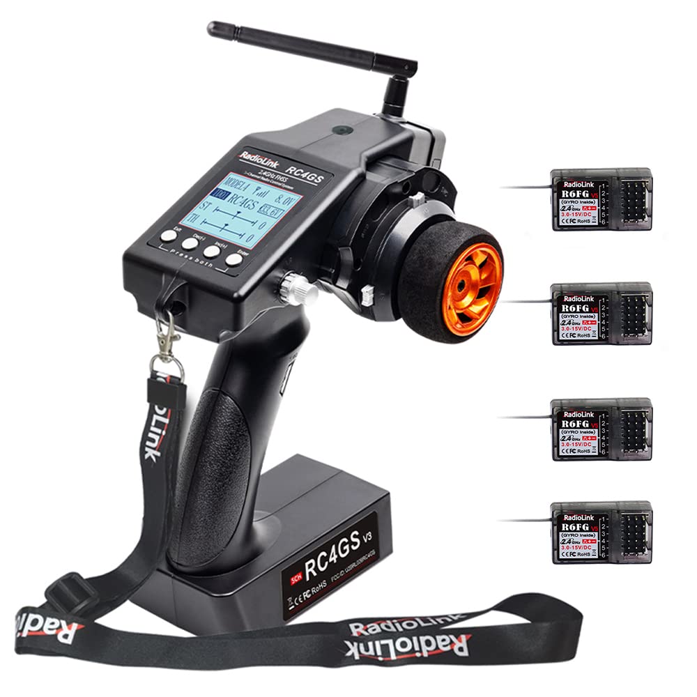 Radiolink RC4GS V3 5-Channel 2.4GHz RC Radio Transmitter with Gyro & 4x R6FG Receivers - 400M Remote Control Kit for RC Cars, Boats, Crawlers, Tanks, Drifting, Buggies | Perfect for Racing, Off-Roading & Hobby Use