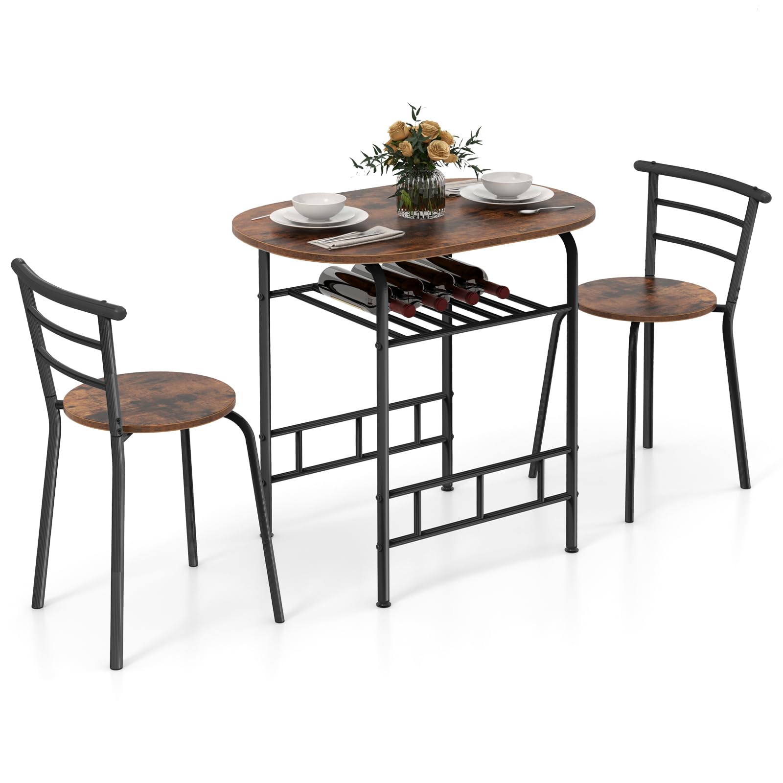 Giantex 3-Piece Space Saving Dining Set - Compact Bistro Table with 2 Chairs, Metal Frame & Storage Shelf - Perfect for Small Apartments, Kitchen, Breakfast Nook & Pub Style Decor (Black & Brown) - Ideal for Studio Living, Balcony Dining & Urban Homes