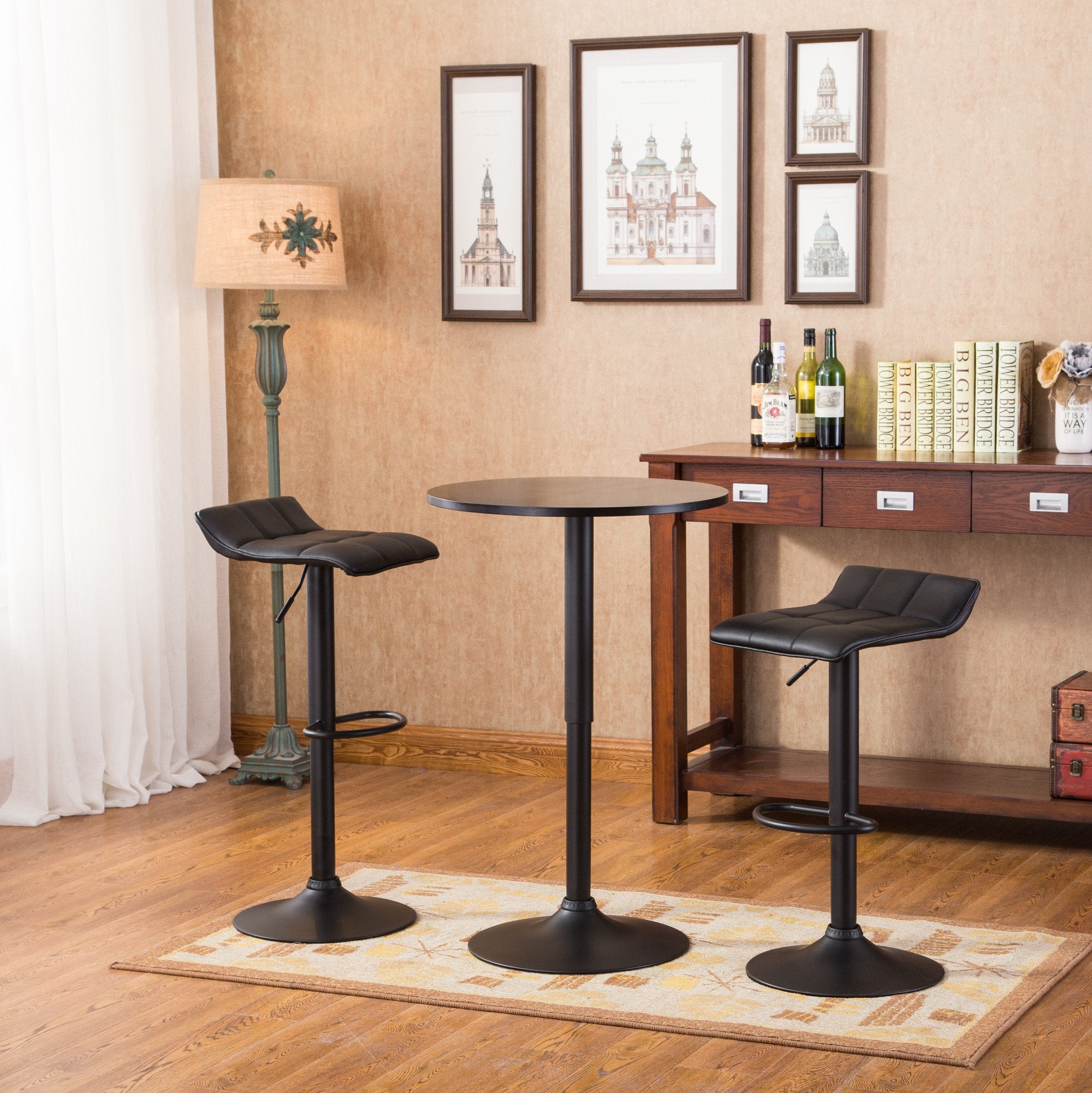 Roundhill Furniture Belham Black Adjustable Height 3-Piece Metal Bar Table Set for Kitchen, Dining Room & Outdoor Patio