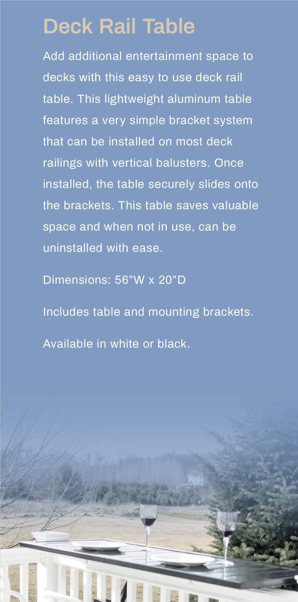 Black Aluminum Deck Rail Table - Sturdy Dining, Side or Bar Top Table with Easy Attach Bracket System for Patio, Deck & Outdoor Entertaining
