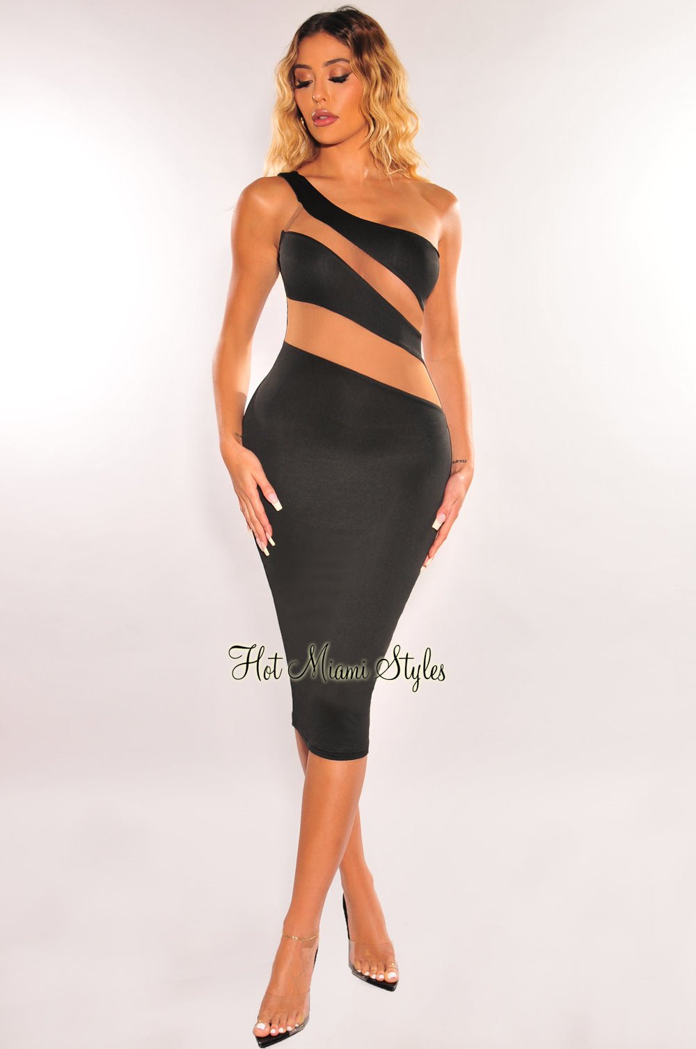 Sexy Black Mesh Illusion One Shoulder Bodycon Dress for Women - Perfect for Evening Parties, Date Nights & Special Occasions