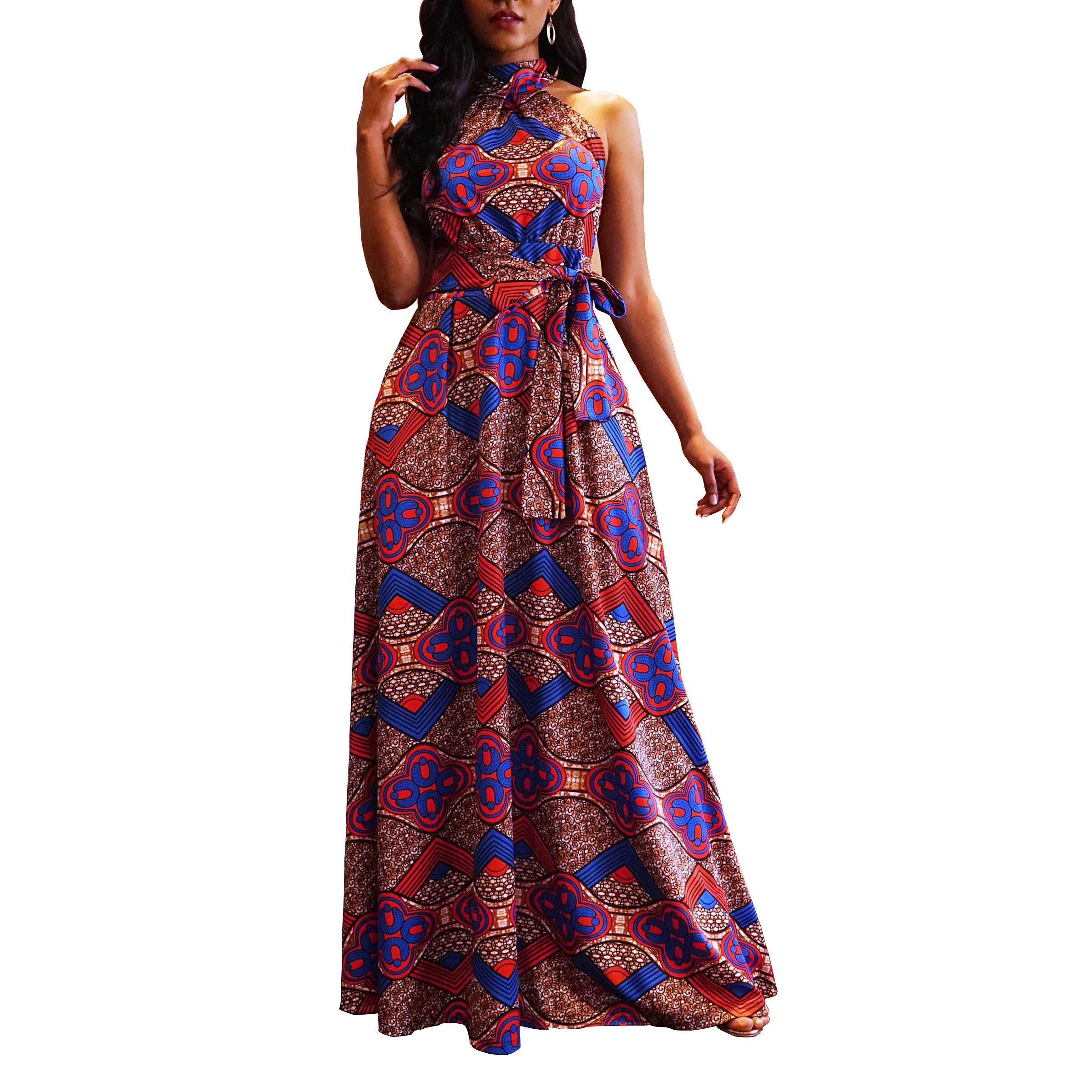 VERWIN Women's High Waist Lace-Up Maxi Dress with Stand Collar - Elegant Sleeveless Floor Length Printed Dress in Brown | Perfect for Weddings, Parties & Summer Vacations