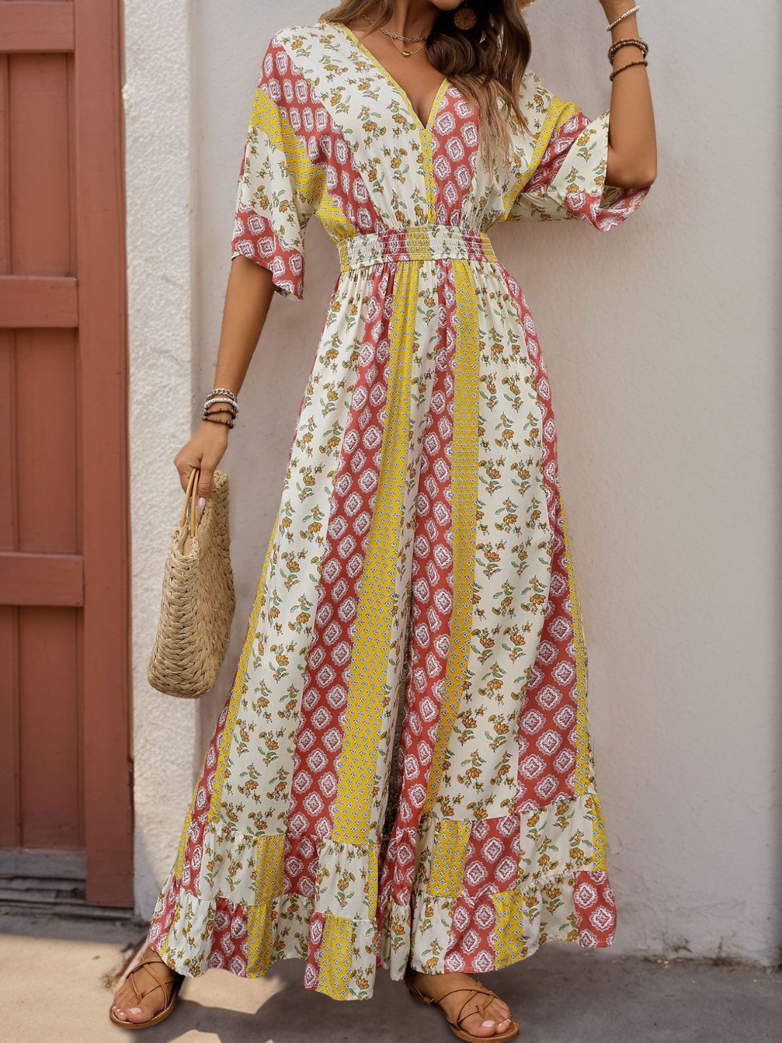 Boho Ruffled Hem Printed V-Neck Jumpsuit for Women - Floral Summer Romper with Pockets | Perfect for Beach Vacations, Music Festivals & Date Nights