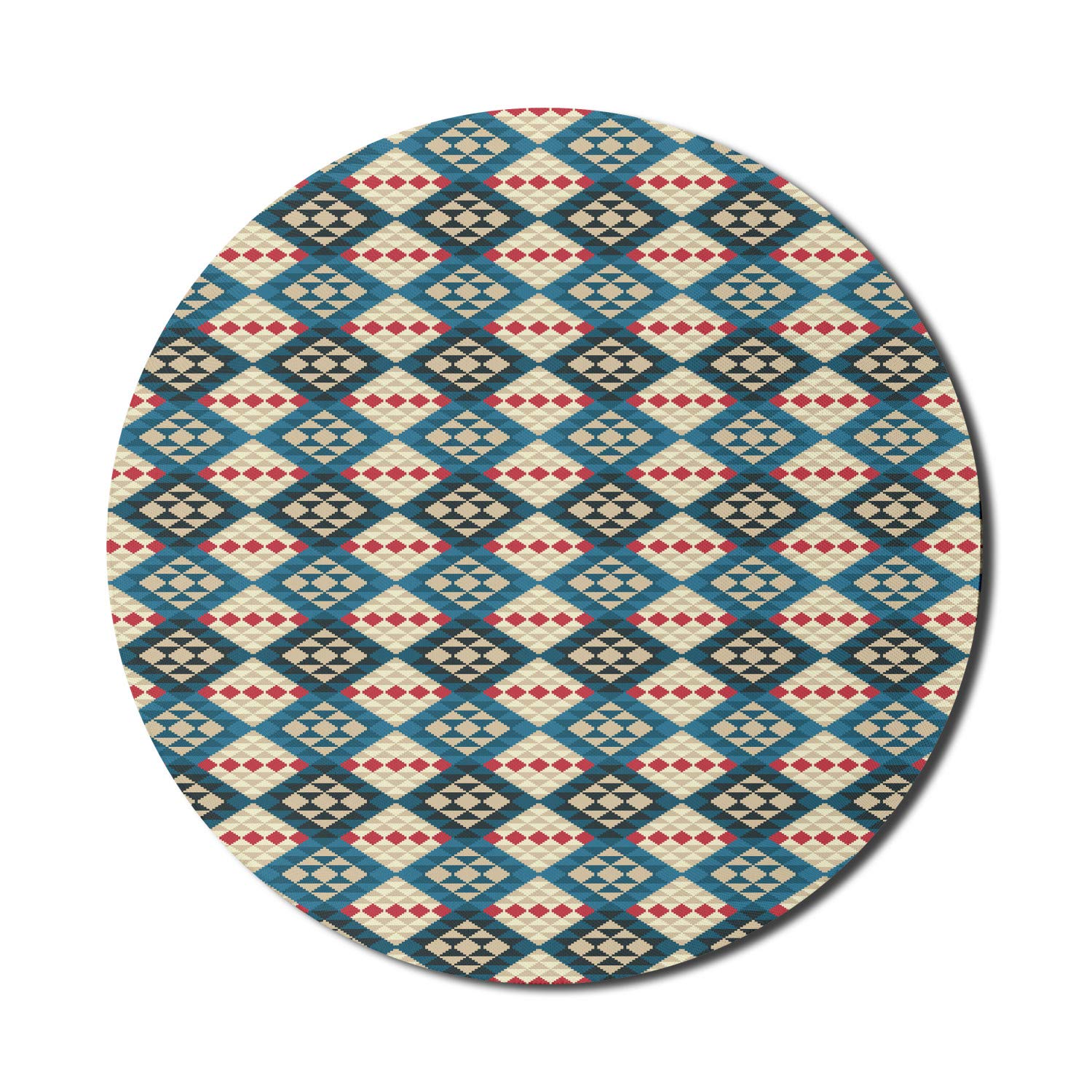 Ambesonne Ethnic Mouse Pad - Round Non-Slip Thick Rubber Gaming Mousepad with Braided Carpet Mosaic Art Design, 8 Inch, Cream Coral Blue - Perfect for Office, Home & Gaming Computers