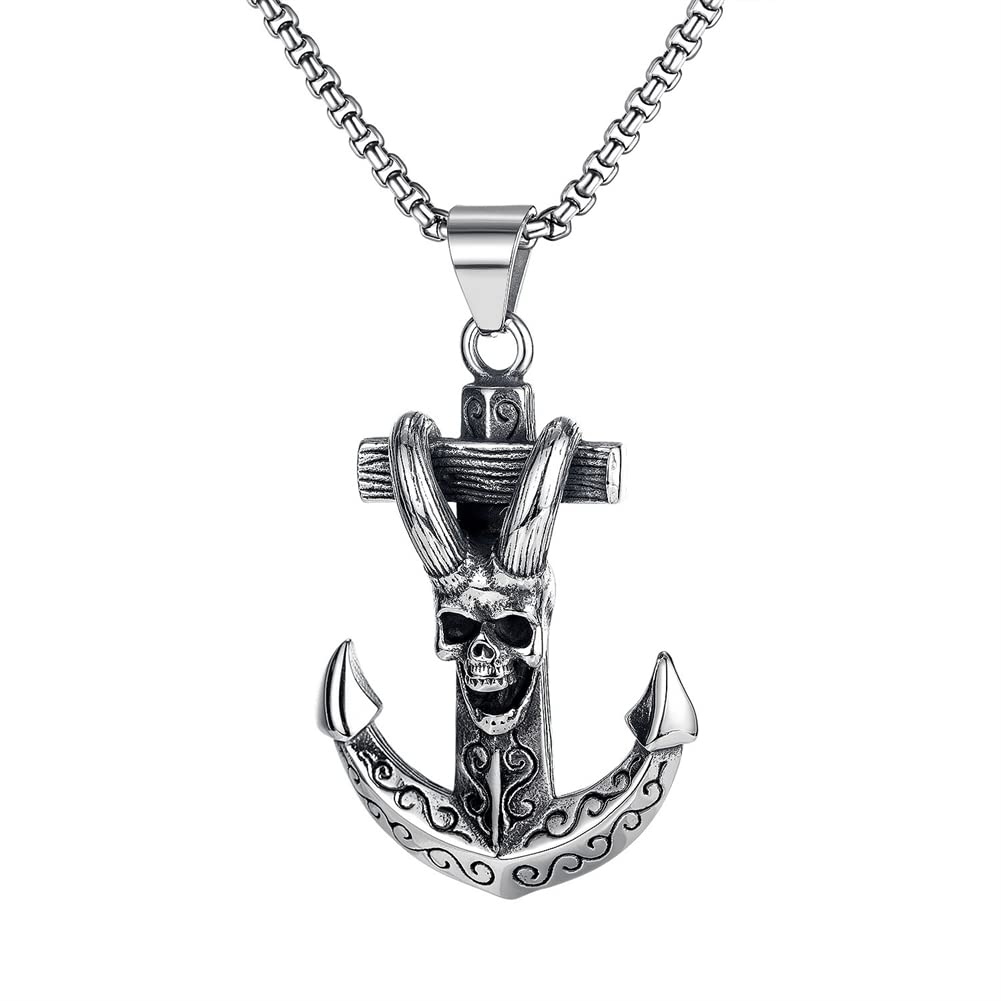 Gothic Pirate Skull Pendant Necklace for Men - Stainless Steel Nautical Anchor Crossed Sword Necklace for Boys & Teens - Perfect for Halloween Costumes, Pirate Themed Parties & Gothic Fashion Accessories