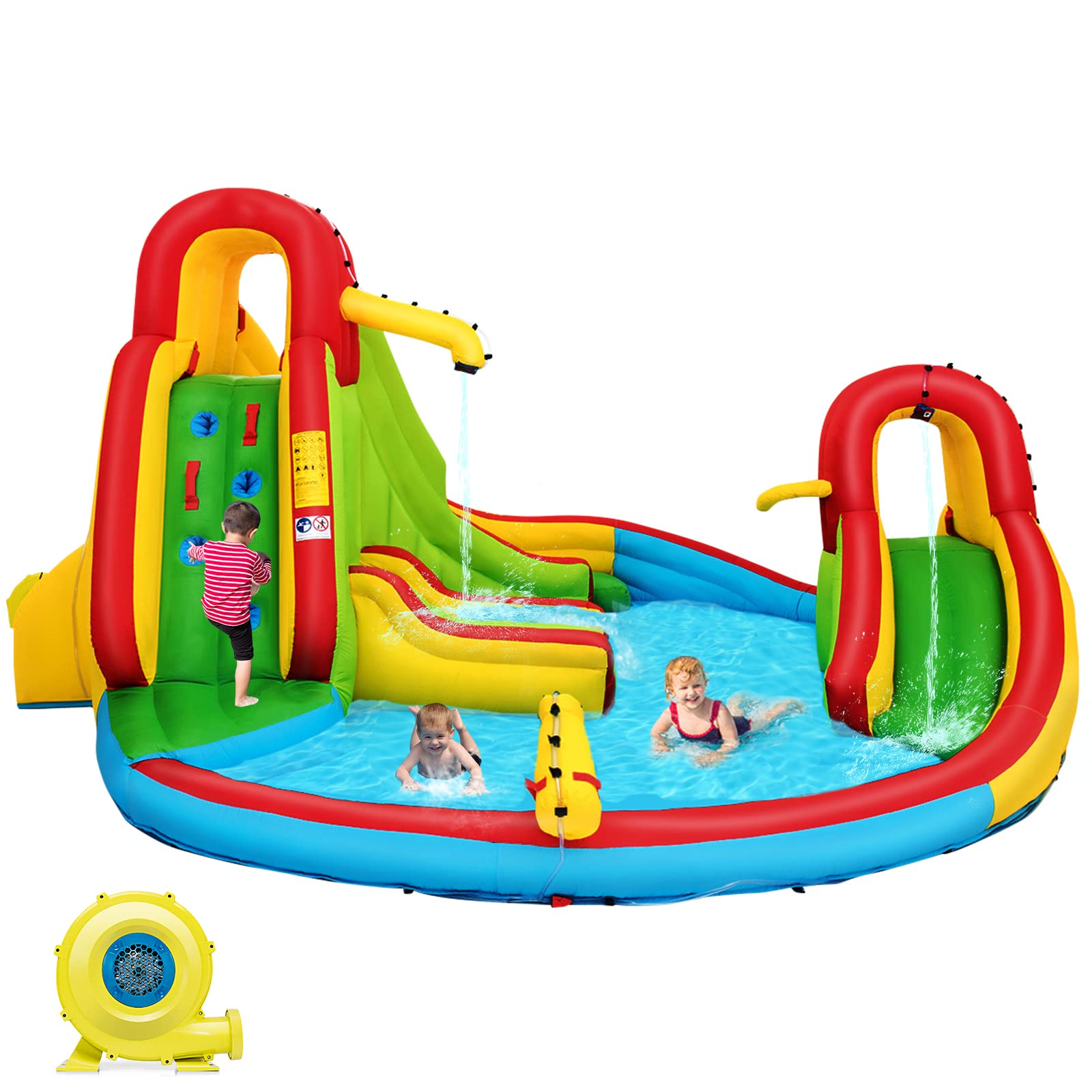 OLAKIDS Inflatable Water Slide & Bounce House Combo - 2 Slides, Climbing Wall, Splash Pool, Basketball Hoop, 2 Water Guns - Kids Outdoor Water Play Toy with Carrying Bag & Repair Kit - Perfect for Backyard Parties, Summer Fun, and Birthday Celebrations
