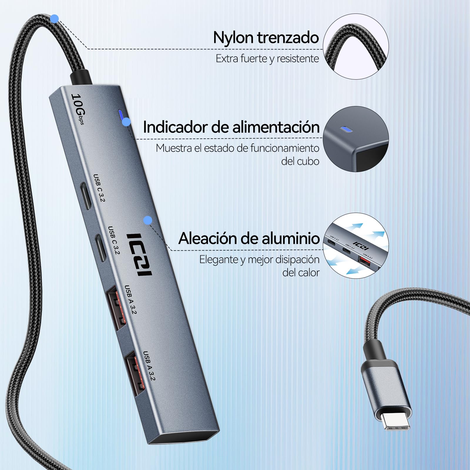 ICZI 10Gbps USB C Hub - Aluminum USB C Splitter with 2 USB-C & 2 USB-A 3.2 Ports - USB C to USB A Adapter for MacBook, Laptop, Phone, Tablet, Hard Drive, Keyboard & Mouse - Perfect for Home Office, Gaming & Travel (No Charging/Monitor Support)