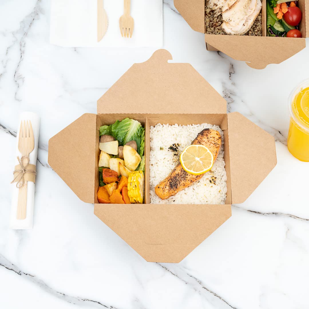 Eco-Friendly 50oz Kraft Paper Take Out Containers - 200 Pack of 2-Compartment Greaseproof Food Boxes with Secure Tab-Lock Closure | Perfect for Restaurants, Catering & Meal Prep | Safe for Hot/Cold Foods, Burgers, Salads & Leftovers