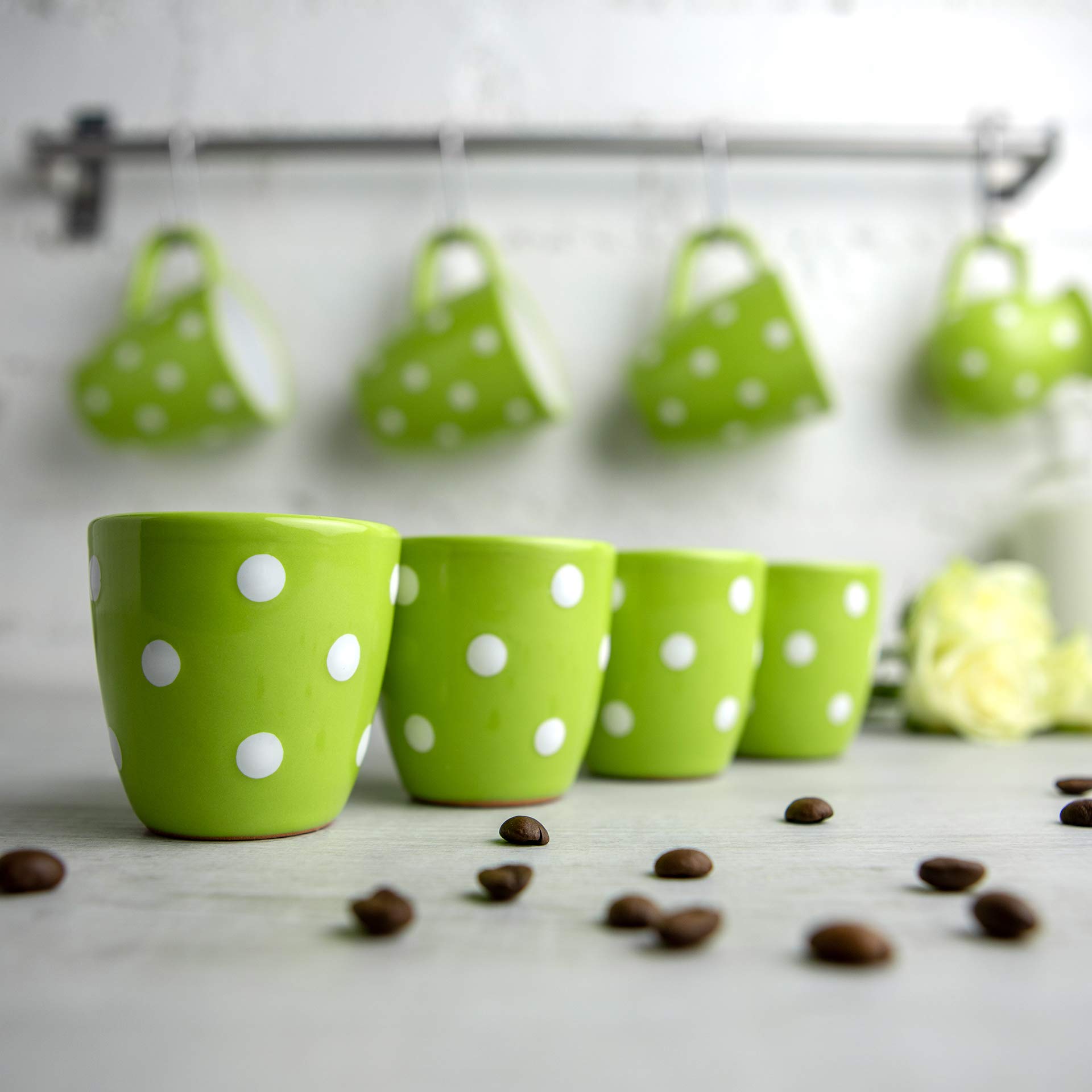 Handcrafted Pistachio Green Polka Dot Ceramic Espresso Cups Set of 4 - Small Demitasse Cups for Espresso Machines & Coffee Makers - Perfect for Home Cafes, Coffee Shops & Gifts