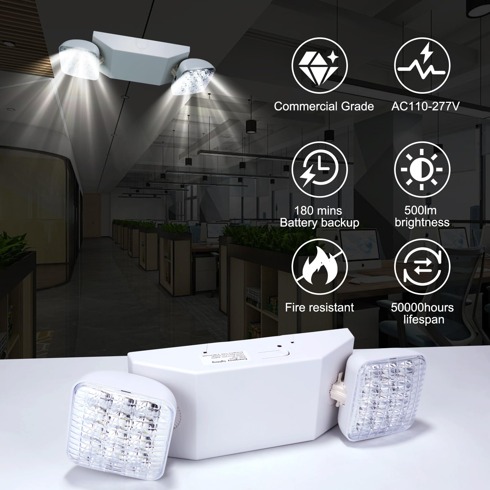 24 Pack LED Emergency Lights with Battery Backup - Dual Head Commercial Emergency Lighting for Home, Business, Hallway & Exit - AC110V/277V - Ideal for Power Outages & Emergency Situations