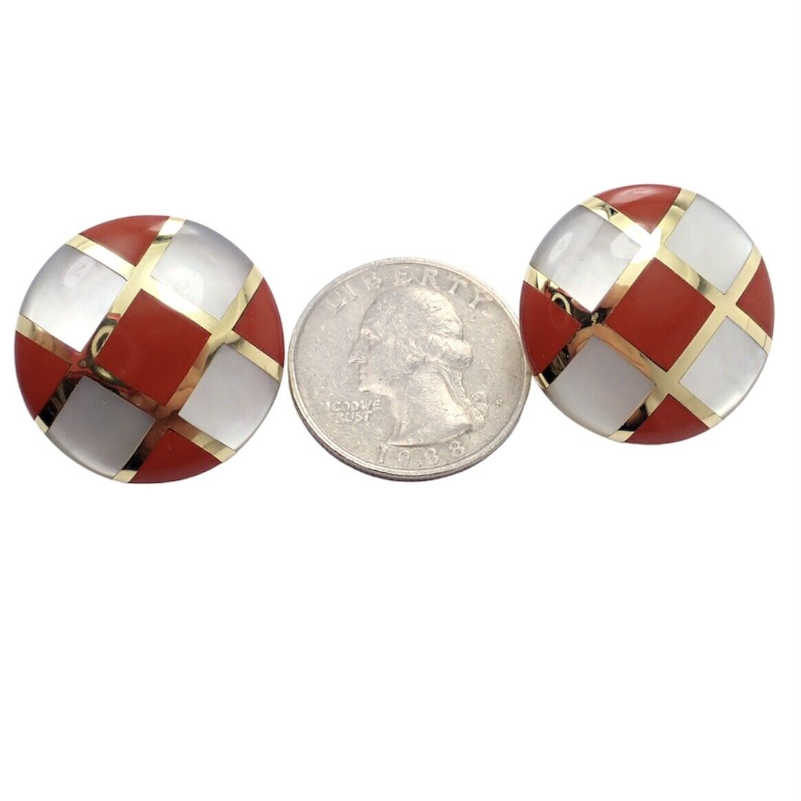Tiffany & Co Cummings 18k Gold Mother of Pearl Carnelian Checkerboard Earrings - Luxury Jewelry for Women, Perfect for Weddings, Parties & Special Occasions