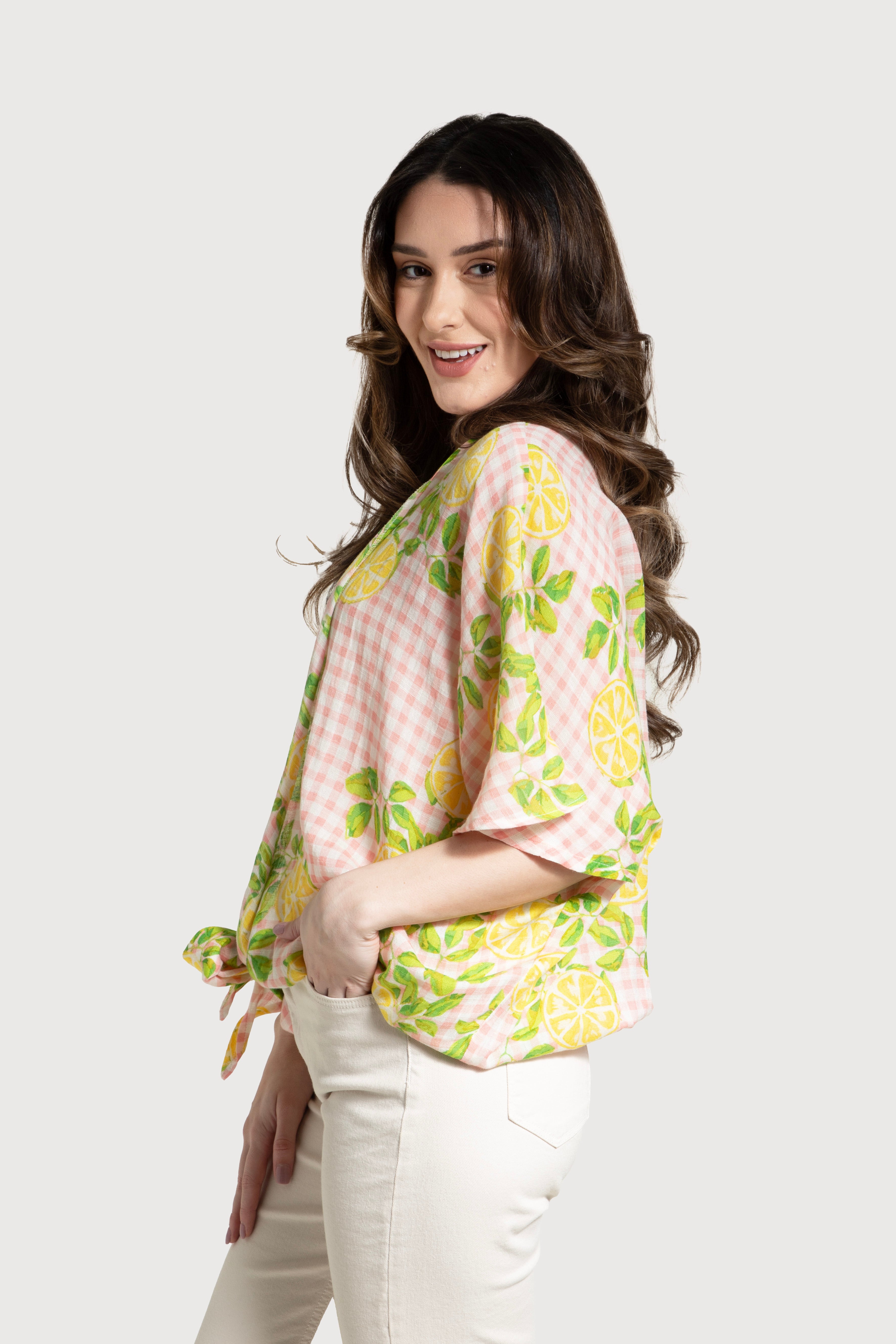 Stylish Short Tie Front Kimono in Citrus Gingham Print - Perfect for Beach Cover-ups, Summer Outfits & Boho Fashion