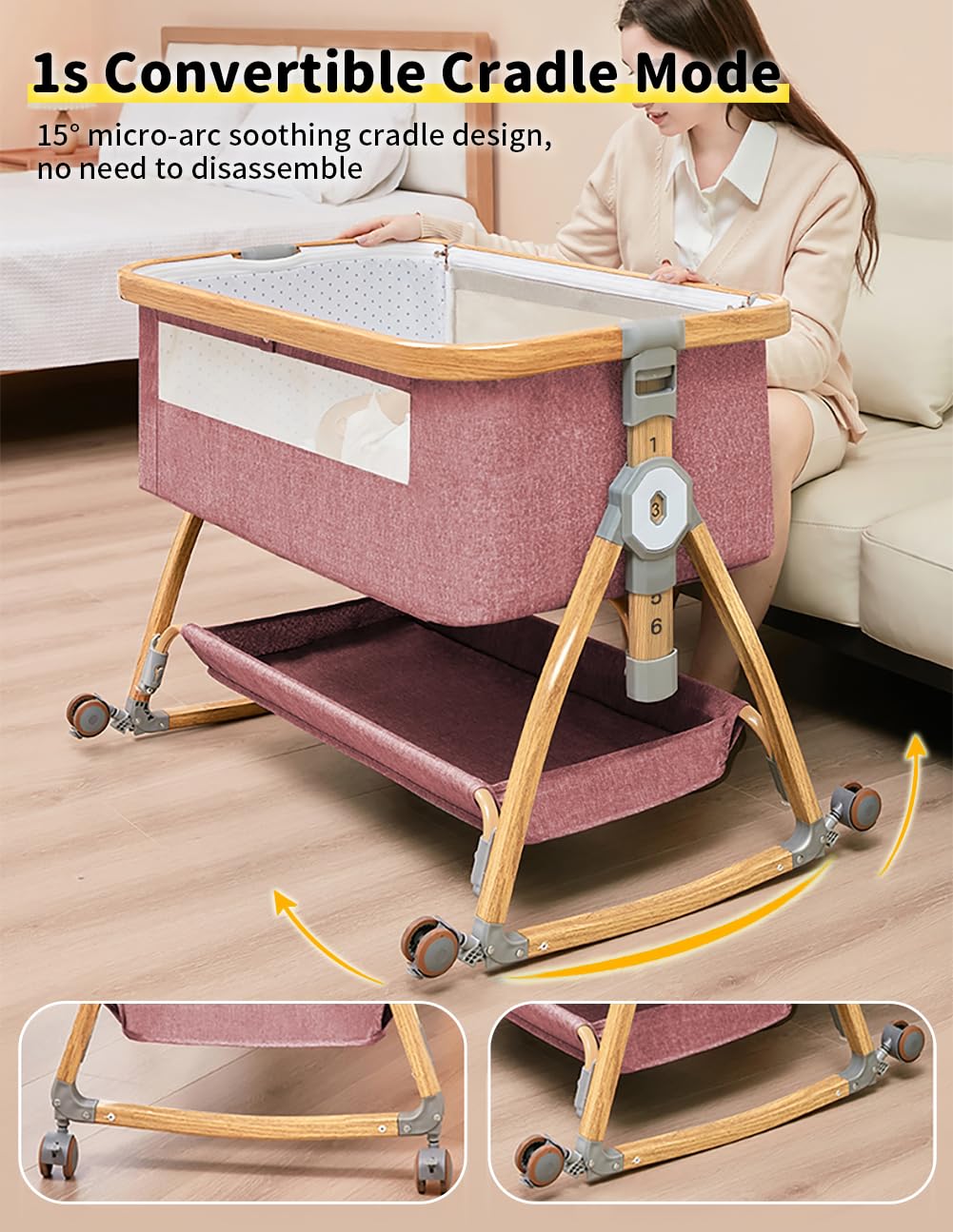Bonbay 4-in-1 Portable Baby Bassinet Bedside Sleeper with Wheels, Mosquito Net & Storage Basket - 6 Height Adjustable Rocking Crib for Newborns | Perfect for Nursery, Bedroom Co-Sleeping & Travel