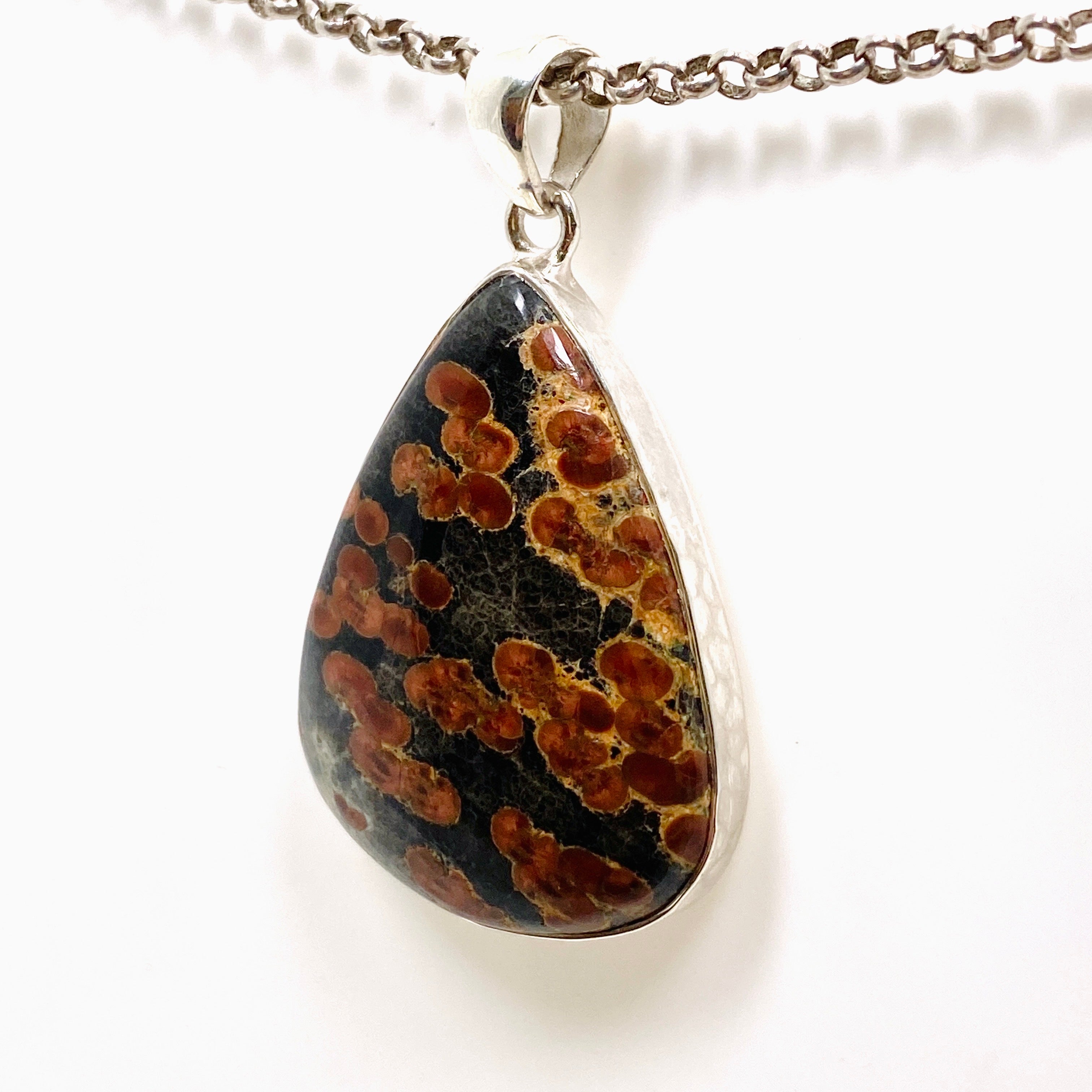 Natural Peanut Obsidian Perlite Teardrop Cabochon Pendant - Handmade Hammered Silver Setting KPGJ4767 - Perfect for Jewelry Making, Gifts & Spiritual Healing