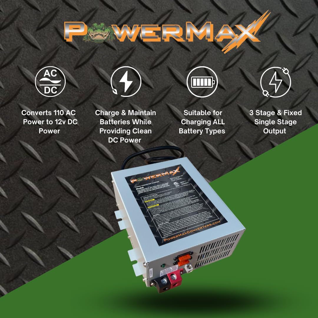 POWERMAX PM3-50-24 24V 50A 3-Stage Smart Battery Charger & Converter for RV, Marine, Solar Power Systems - Automatic Charging for Deep Cycle Batteries