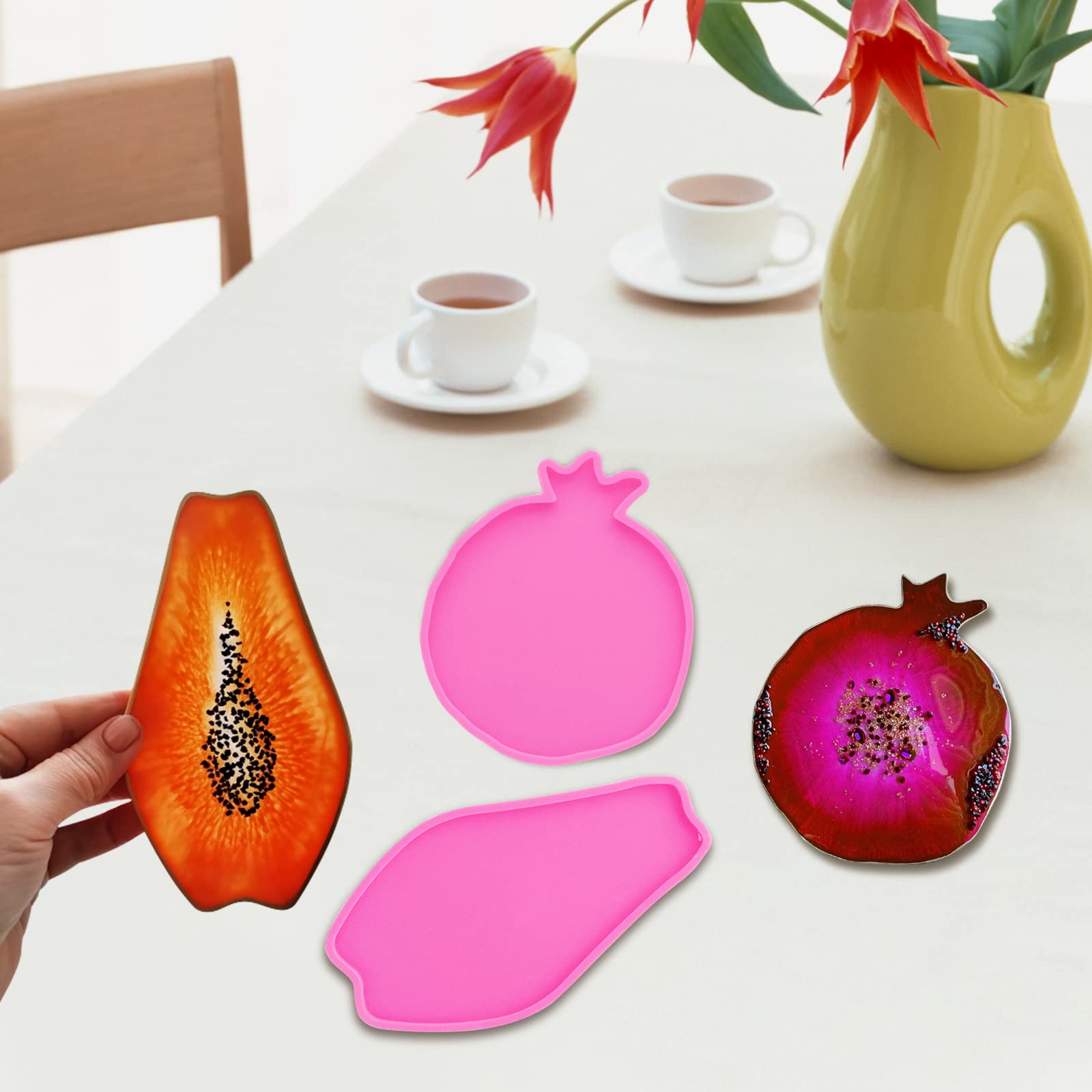 2Pcs Silicone Resin Molds for Pomegranate & Pawpaw Coasters - DIY Epoxy Geode Agate Casting Molds for Unique Cup Mats, Resin Trays & Home Decor - Perfect for Crafting, Gifts & Kitchen Accessories