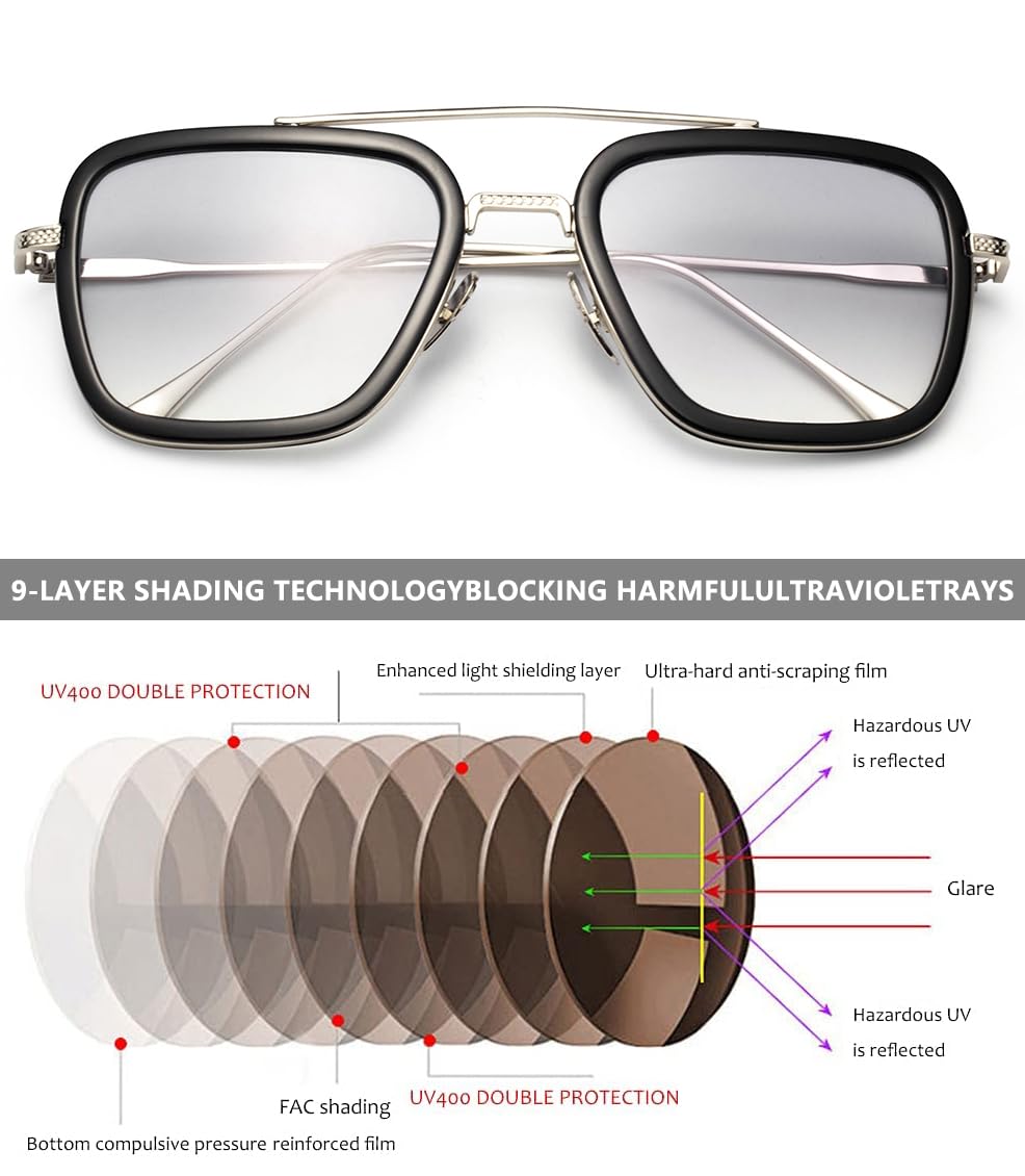 Tony Stark Sunglasses - Iron Man Inspired UV Protection Square Metal Frames - Perfect for Cosplay, Halloween, and Everyday Fashion