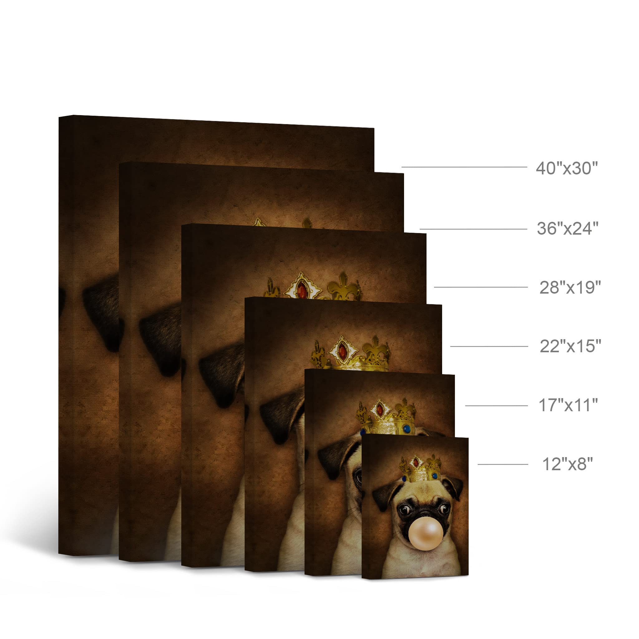 King Pug & Epagneul Breton Dog Portrait Canvas Art Set - Crowned Pug & Bubble Gum Chewing Dog Wall Decor (17x11 Inch) for Living Room, Bedroom & Nursery - Funny Animal Paintings for Pet Lovers