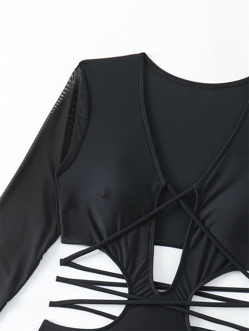 2024 Sexy Black Long Sleeve One Piece Swimsuit for Women - Hollow Out Bandage Monokini Bathing Suit | Beachwear, Pool Party, Summer Vacation