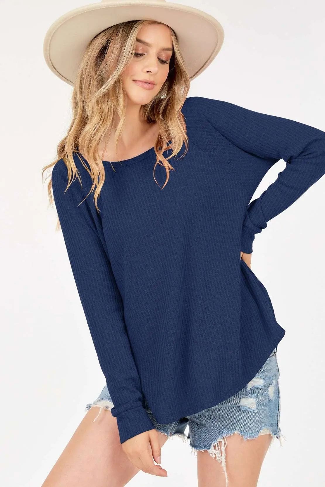 Navy Blue Long Sleeve Waffle Knit Shirt for Women - Soft Thermal Top for Fall & Winter - Casual Loungewear, Layering Piece, and Cold Weather Essential