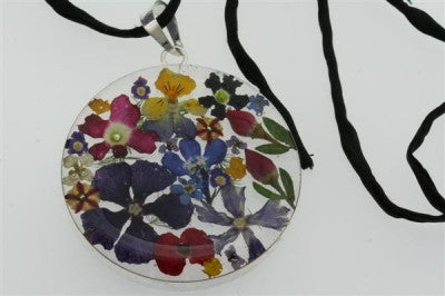 Handmade Flower Resin Pendant Necklace - Elegant Circle Design on Black Silk Cord - Perfect for Boho Fashion, Gift Giving & Special Occasions