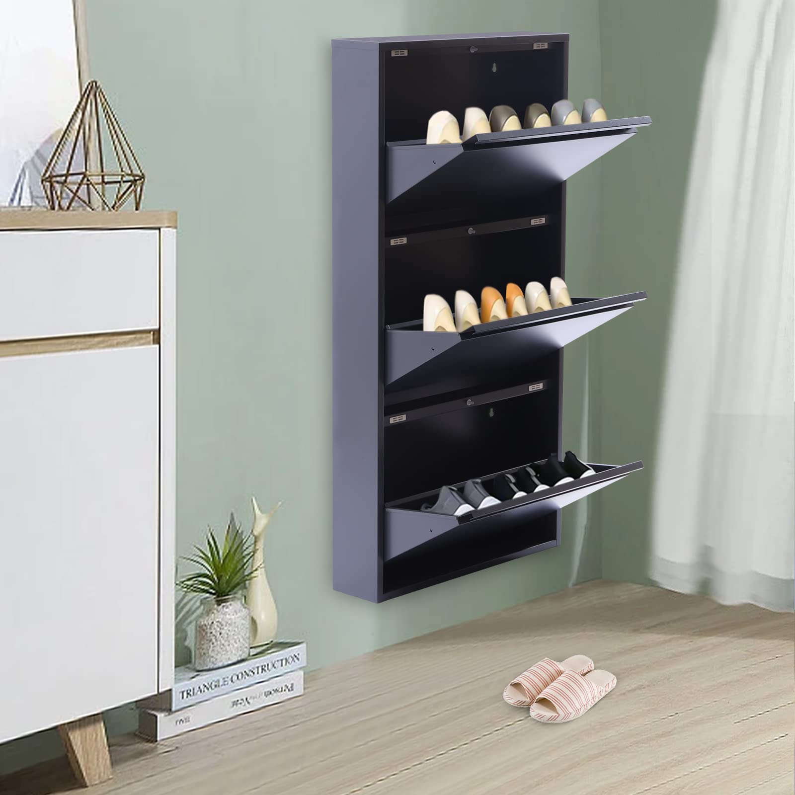 3 Drawer Wall Mounted Shoe Storage Cabinet - No Assembly Metal Shoe Organizer for Entryway, Hallway & Corridor | Holds 9 Pairs of Shoes | Space Saving Grey Cabinet for Small Apartments & Closet Organization