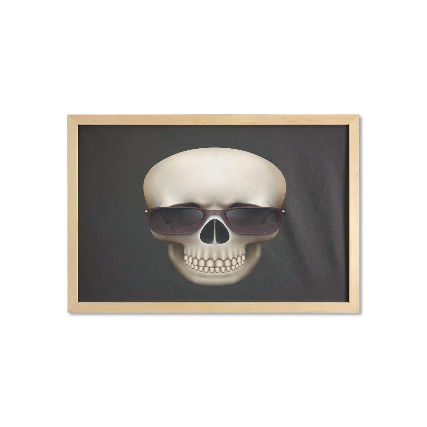 Ambesonne Skull Wall Art with Frame - Funny Skeleton Head with Sunglasses & Smiling Teeth Print, Grey & Beige Fabric Poster 35