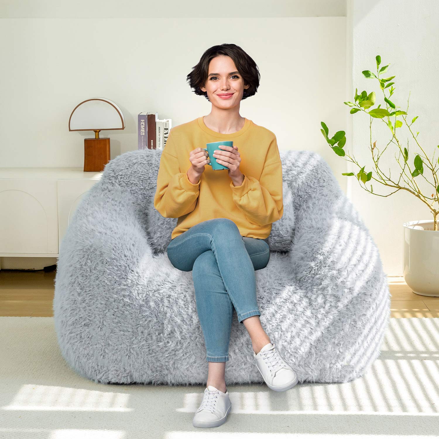 MAXYOYO Fluffy Comfy Large Bean Bag Chair with Pillow - Oversized Lounger for Reading, Gaming & Relaxation in Dusty Blue - Perfect for Bedrooms, Dorms & Game Rooms