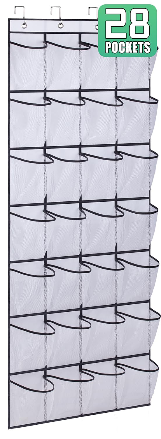 AOODA 28 Large Mesh Pockets Over The Door Shoe Organizer - Space Saving Hanging Shoe Rack for Sneakers, Sandals & Flip Flops - Perfect for Closet, Bedroom, Dorm & Entryway Storage (White)