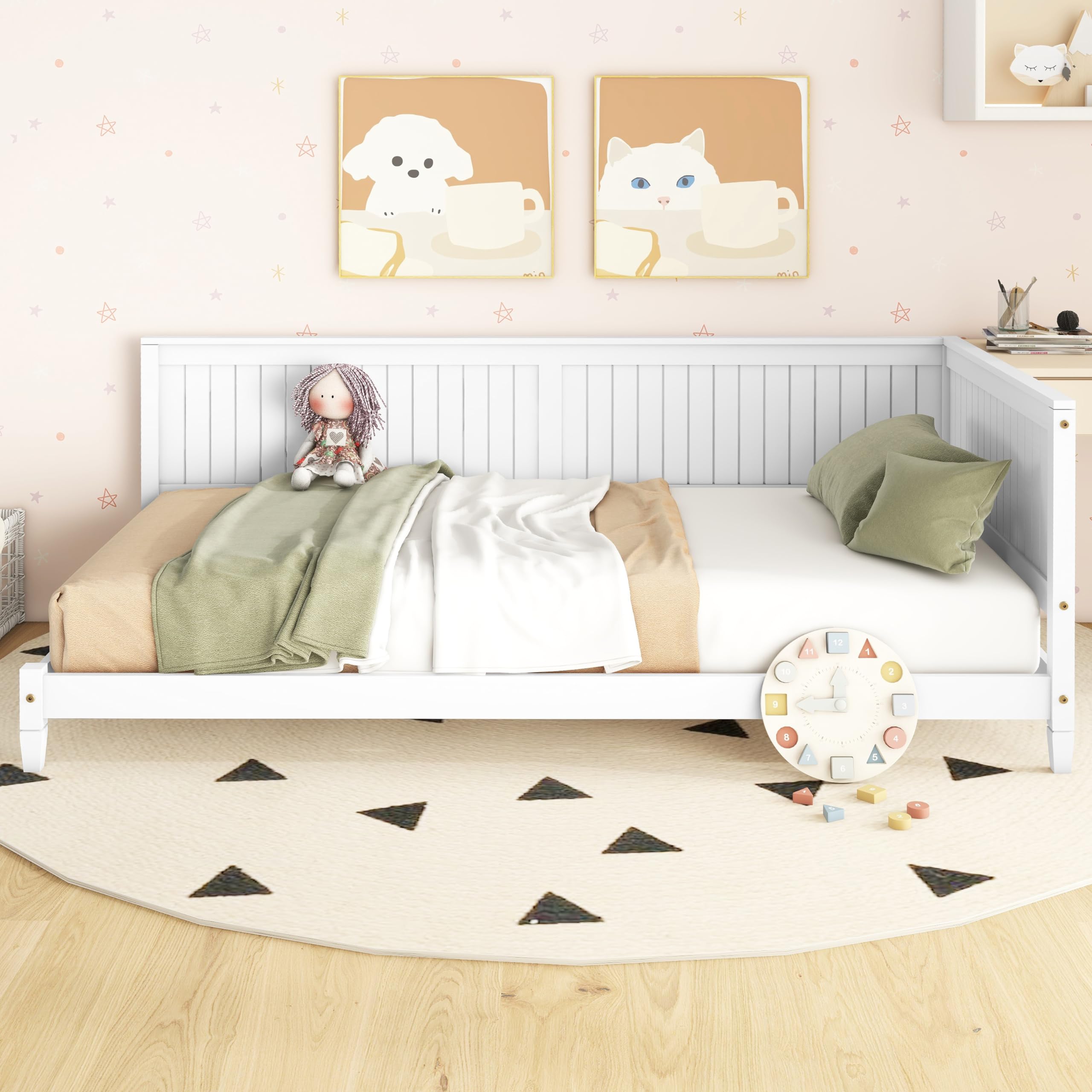 Twin Daybed Frame with Backrest - White Wood Sofa Bed for Kids & Teens - Living Room & Bedroom Use