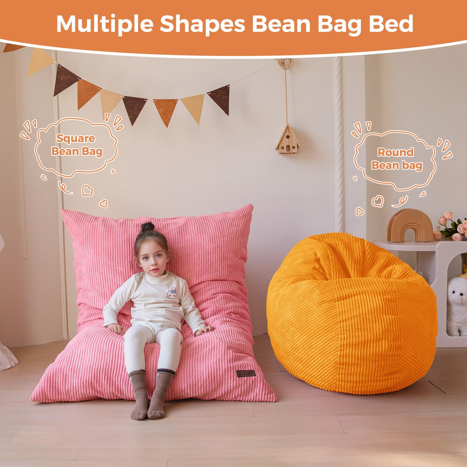 MAXYOYO 3-in-1 Convertible Kids Bean Bag Chair & Bed - Pink Floor Sofa for Children's Room, Gaming, Reading & Nap Time | Multi-Functional Toddler Furniture for Playroom, Bedroom & Dorm