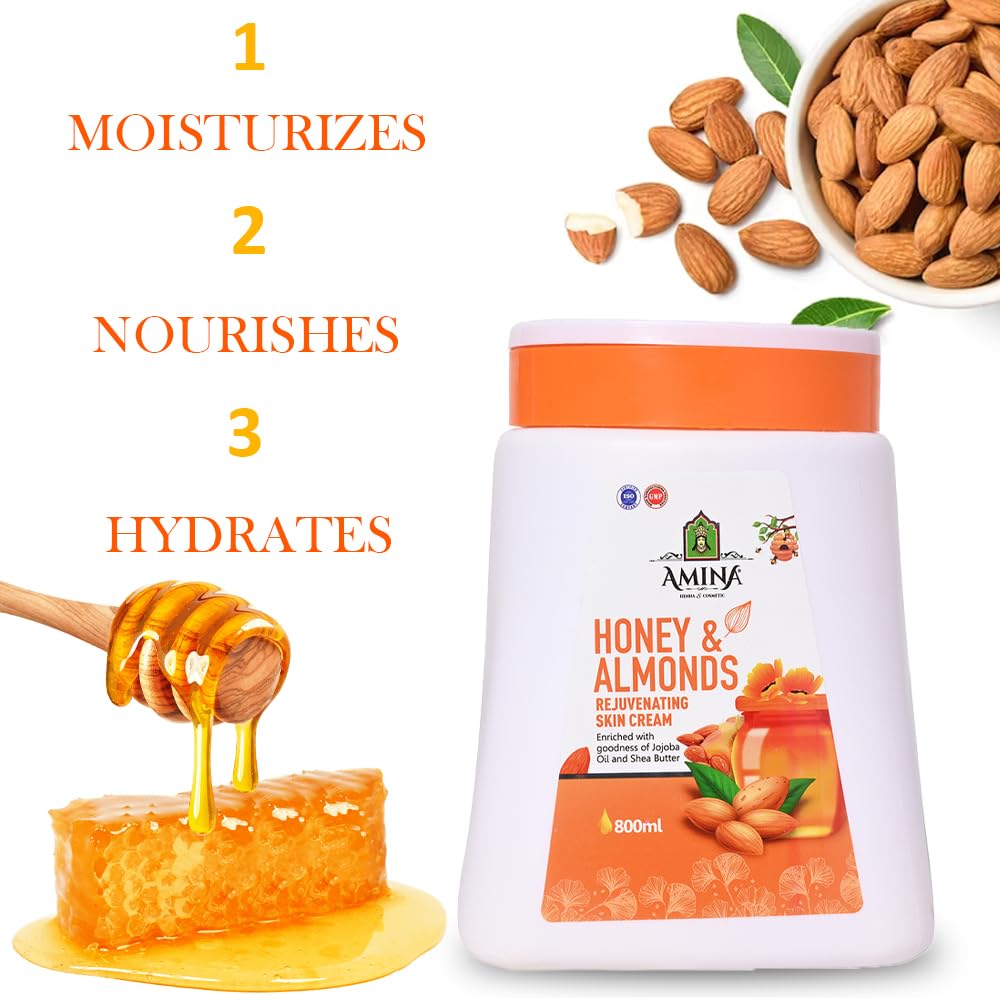 AMINA Honey & Almonds Rejuvenating Skin Cream with Jojoba Oil & Shea Butter - Deeply Nourishing Face & Body Moisturizer for Dry Skin (800ml) | Perfect for Daily Hydration, Night Care & Winter Skin Protection