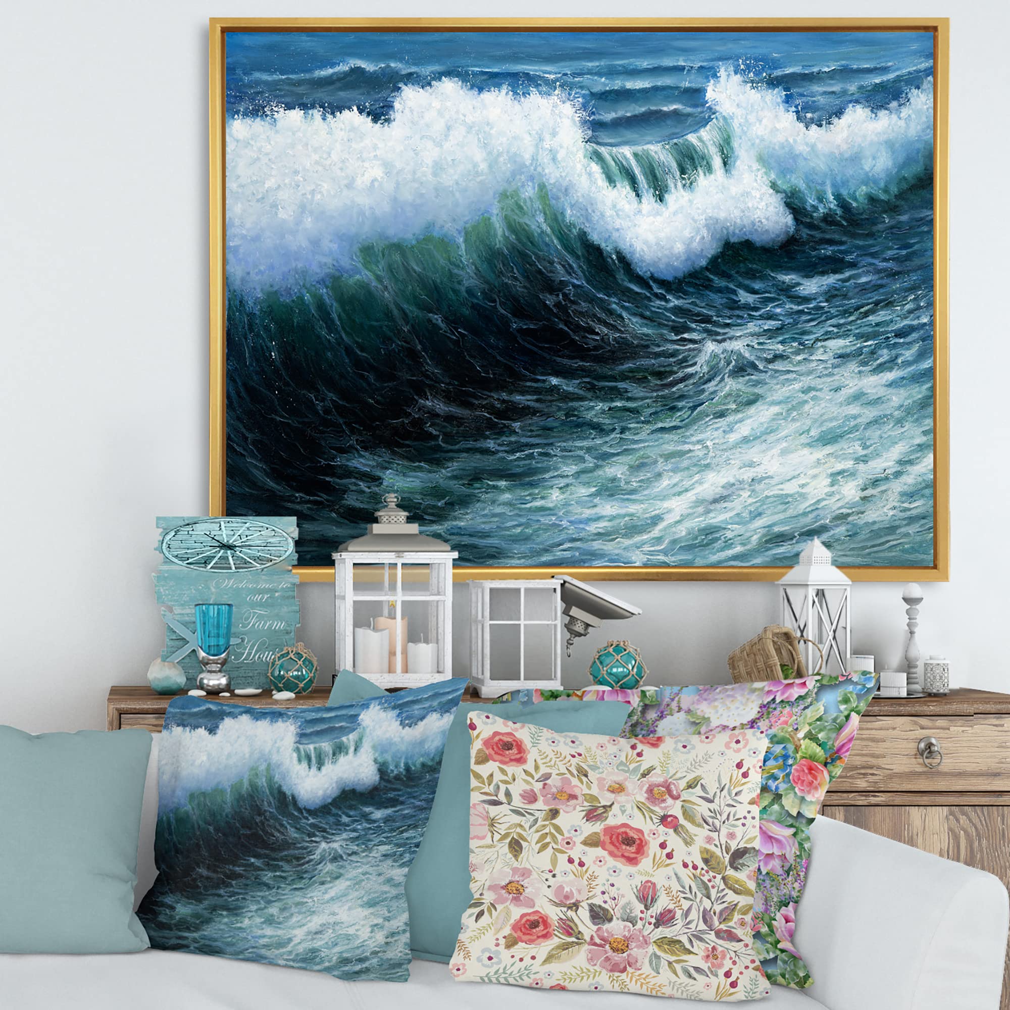 DesignQ Storm Waves In The Ocean - Coastal Themed Framed Canvas Wall Art Print for Living Room, Bedroom & Office Decor | Nautical Home Decor