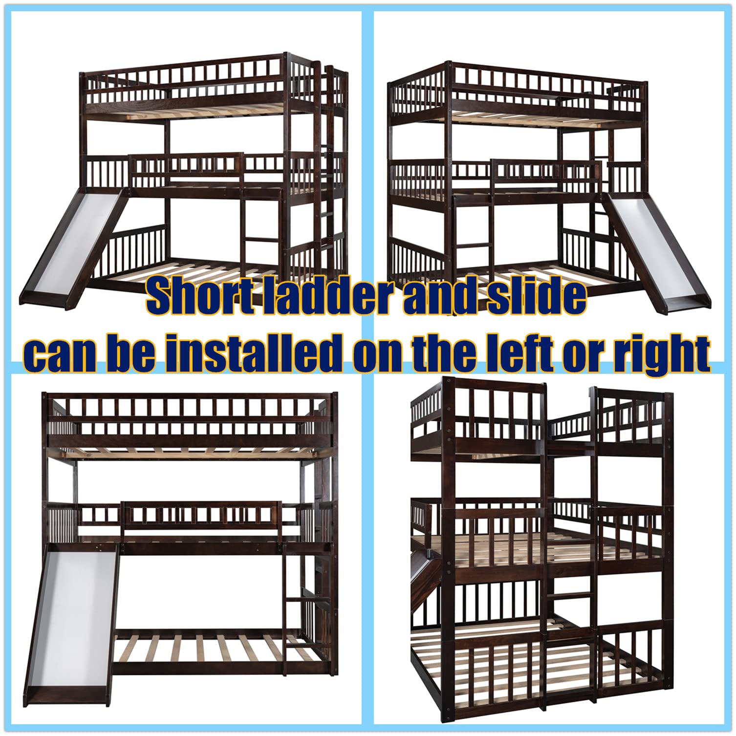 Sturdy Triple Bunk Bed for Kids with Slide - Solid Wood, Convertible Design for Bedroom & Playroom