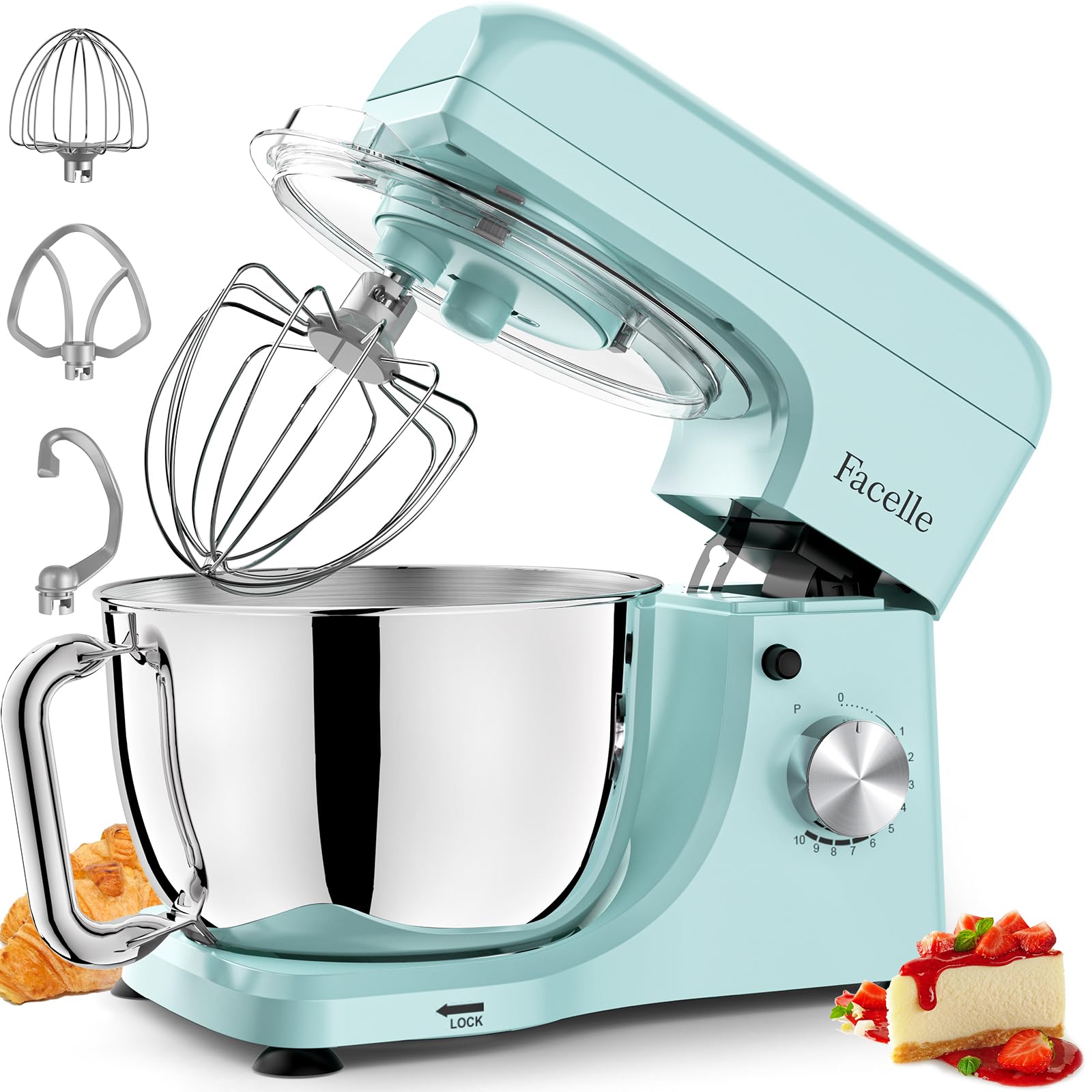 Facelle 5.5Qt Stand Mixer - 10+ Speed Tilt-Head Electric Kitchen Mixer with Stainless Steel Bowl, Dough Hook, Whisk & Beater - Perfect for Baking Cakes, Cookies, Bread & More - Ideal for Home Bakers & Professional Chefs