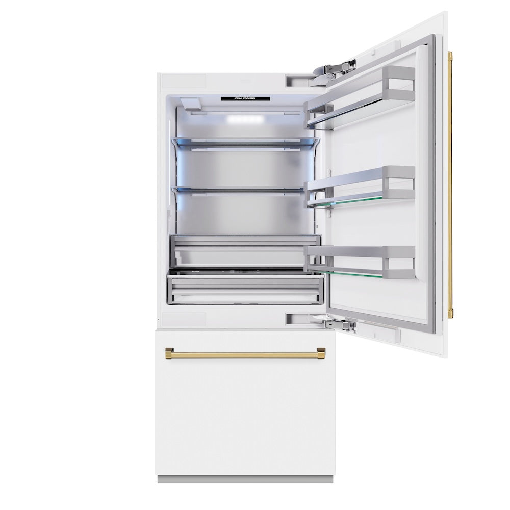 ZLINE Autograph Edition 36 Inch Built-In Bottom Freezer Refrigerator - 19.8 cu ft Capacity, Water Dispenser & Ice Maker - White Matte with Polished Gold Accents (RBITZ WM 36 G) | Perfect for Modern Kitchens, Open Concept Homes & Luxury Appliances Collection