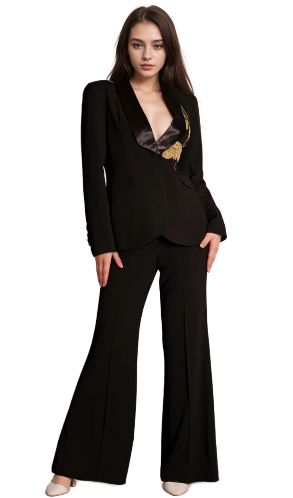 Angela Primatou Black Embroidered Flared Blazer Suit for Women - Elegant Office Wear & Evening Party Outfit
