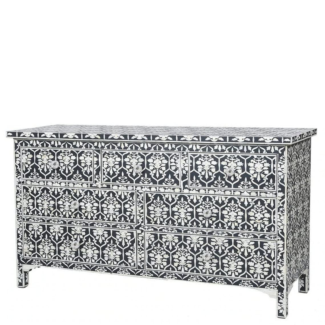 CustomHouzz 7-Drawer Dresser with Bone Inlay Print - Black Chest of Drawers for Bedroom, Hallway & Entryway Storage | Sturdy Clothes Organizer for Home, Office & Dorm Room Decor