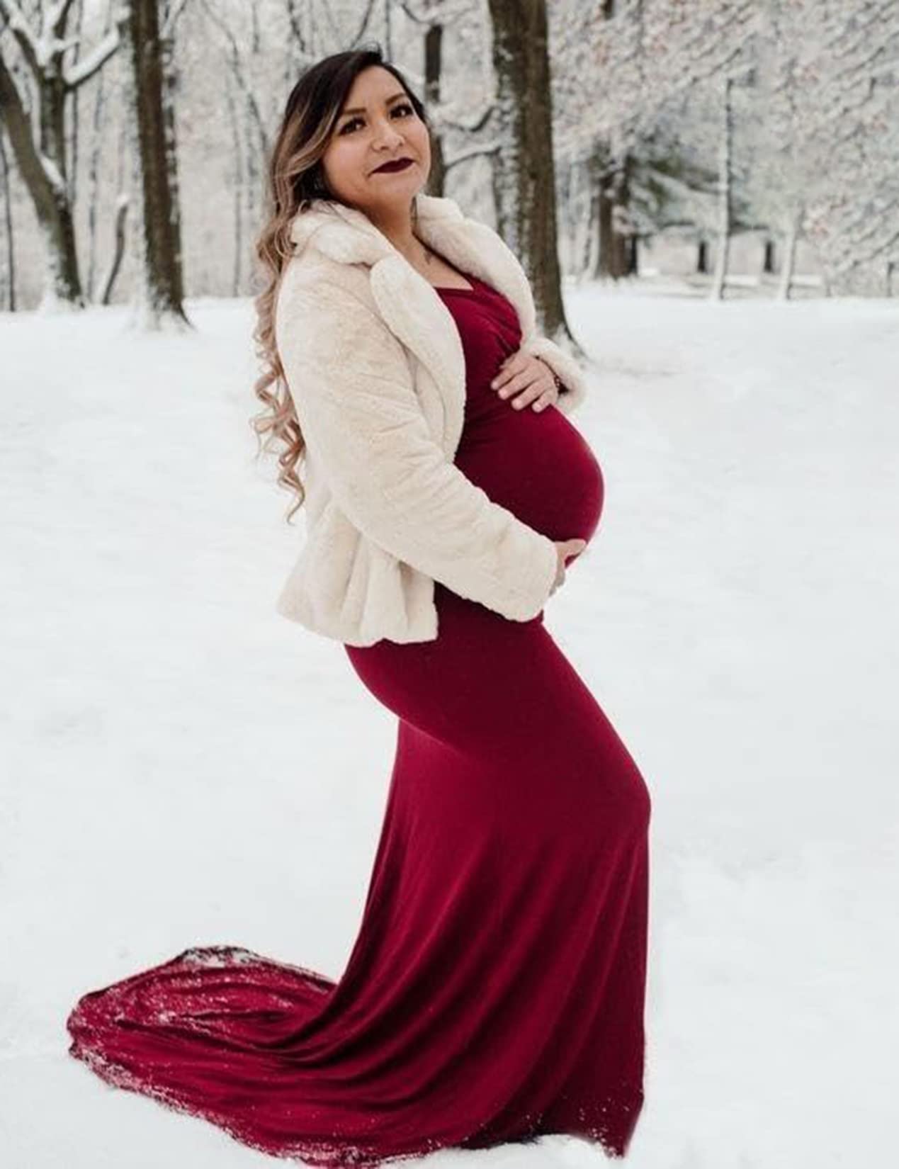 Saslax Elegant Fitted Maternity Gown - Long Sleeve Slim Fit Maxi Dress for Pregnancy Photoshoot, Baby Shower & Special Occasions